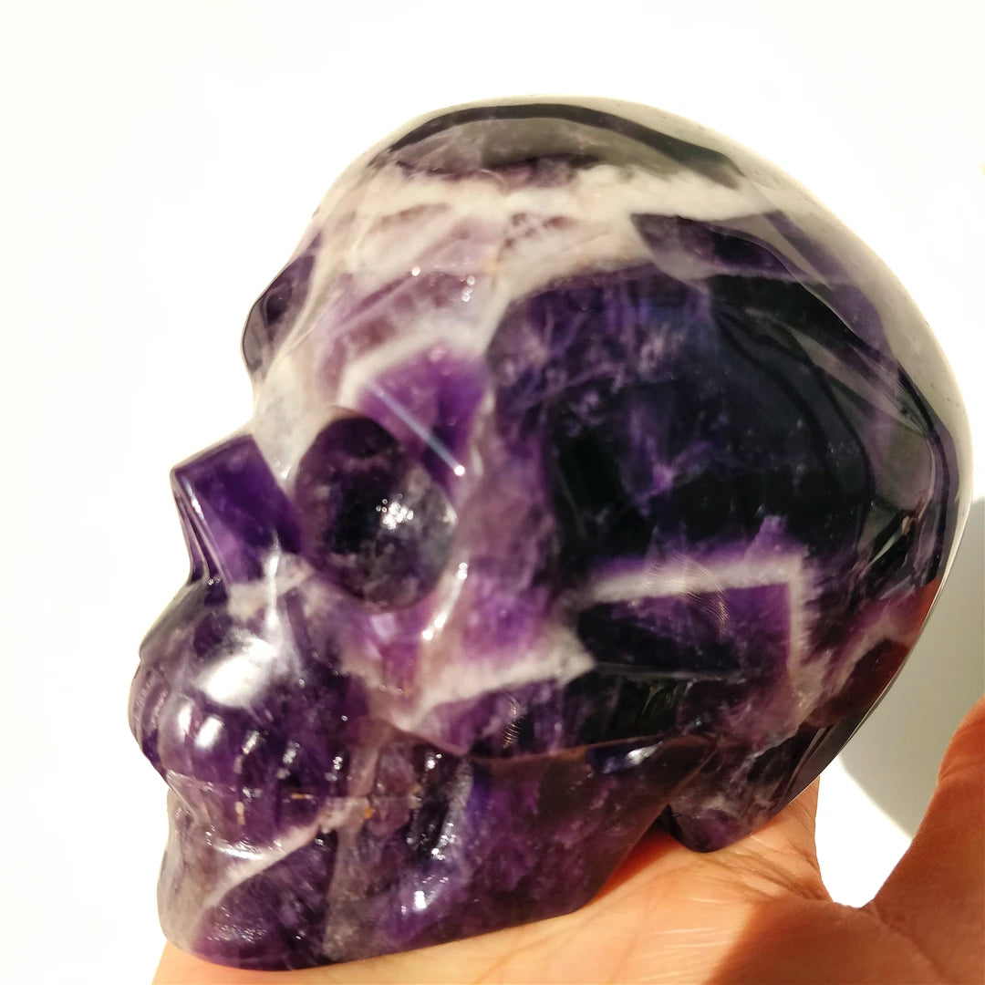 Premium Natural Brazilian Amethyst Hand-Carved Skull - Healing Crystal Stone for Meditation, Reiki & Spiritual Decor - Unique Folk Art Gift for Collectors & Home Decor