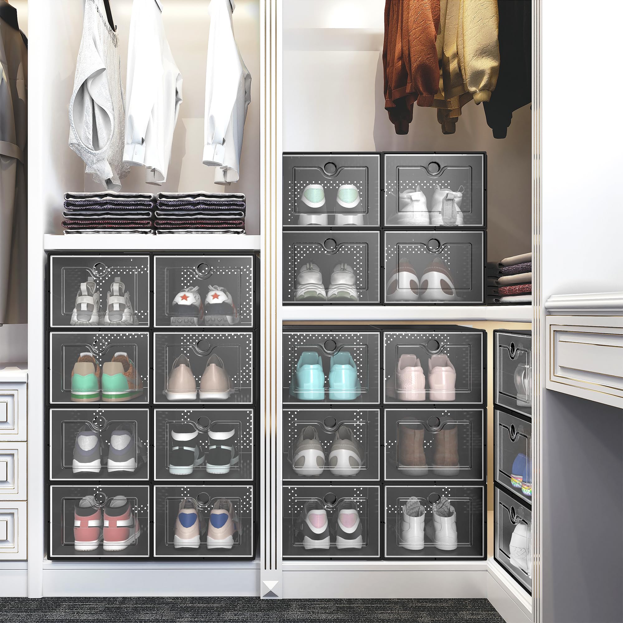 YITAHOME Stackable Shoe Storage Organizers - 18-Piece Medium Size Shoe Boxes with Drawers for Closet Organization - Perfect for Bedroom, Entryway & Dorm Storage Solutions - Black