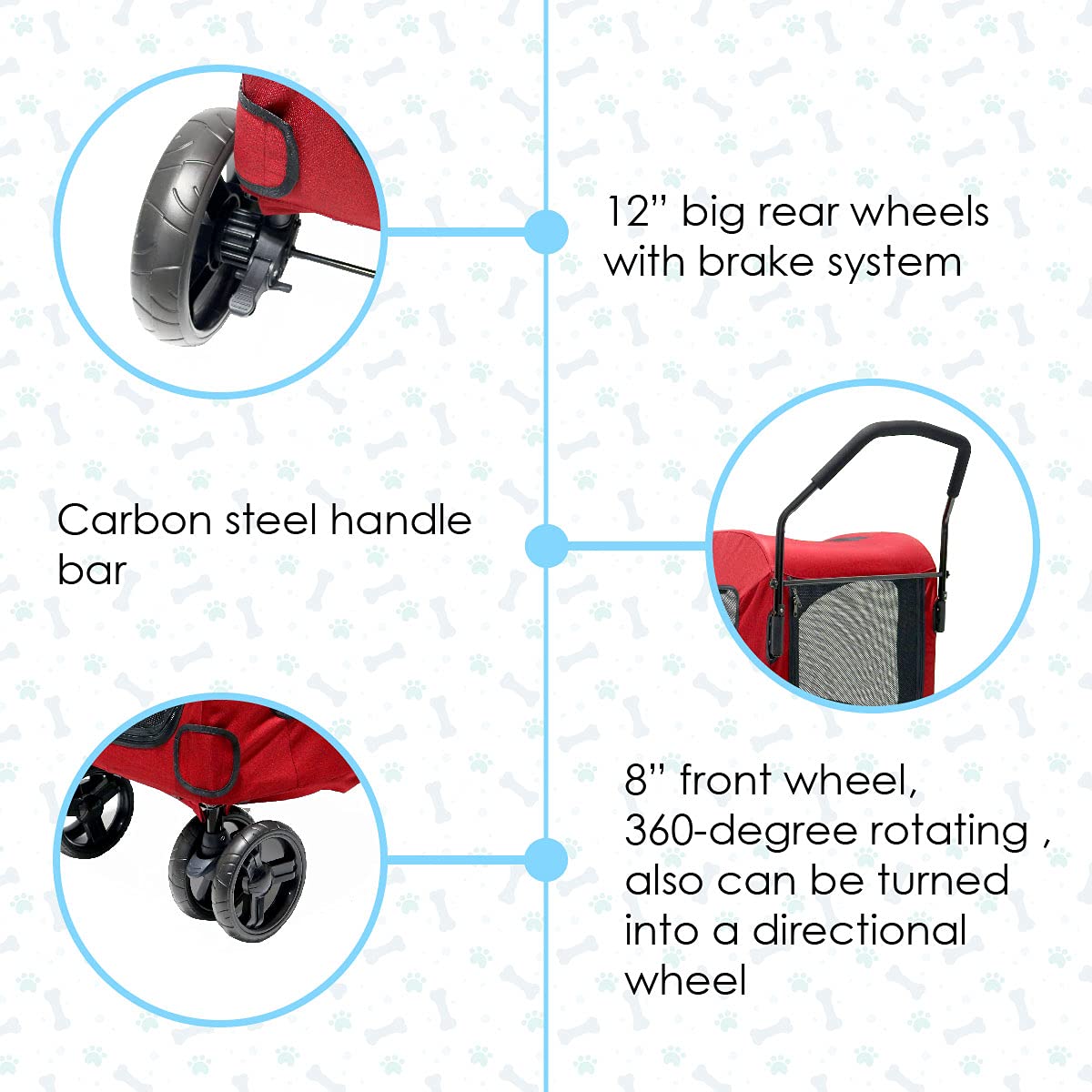 Foldable Pet Stroller for Dogs & Cats - Medium/Large Size with Rear Door, EVA Wheels, Brake System & Safety Leash | Travel Carrier with Mesh Windows (Red) | Perfect for Park Walks, Vet Visits & Outdoor Adventures