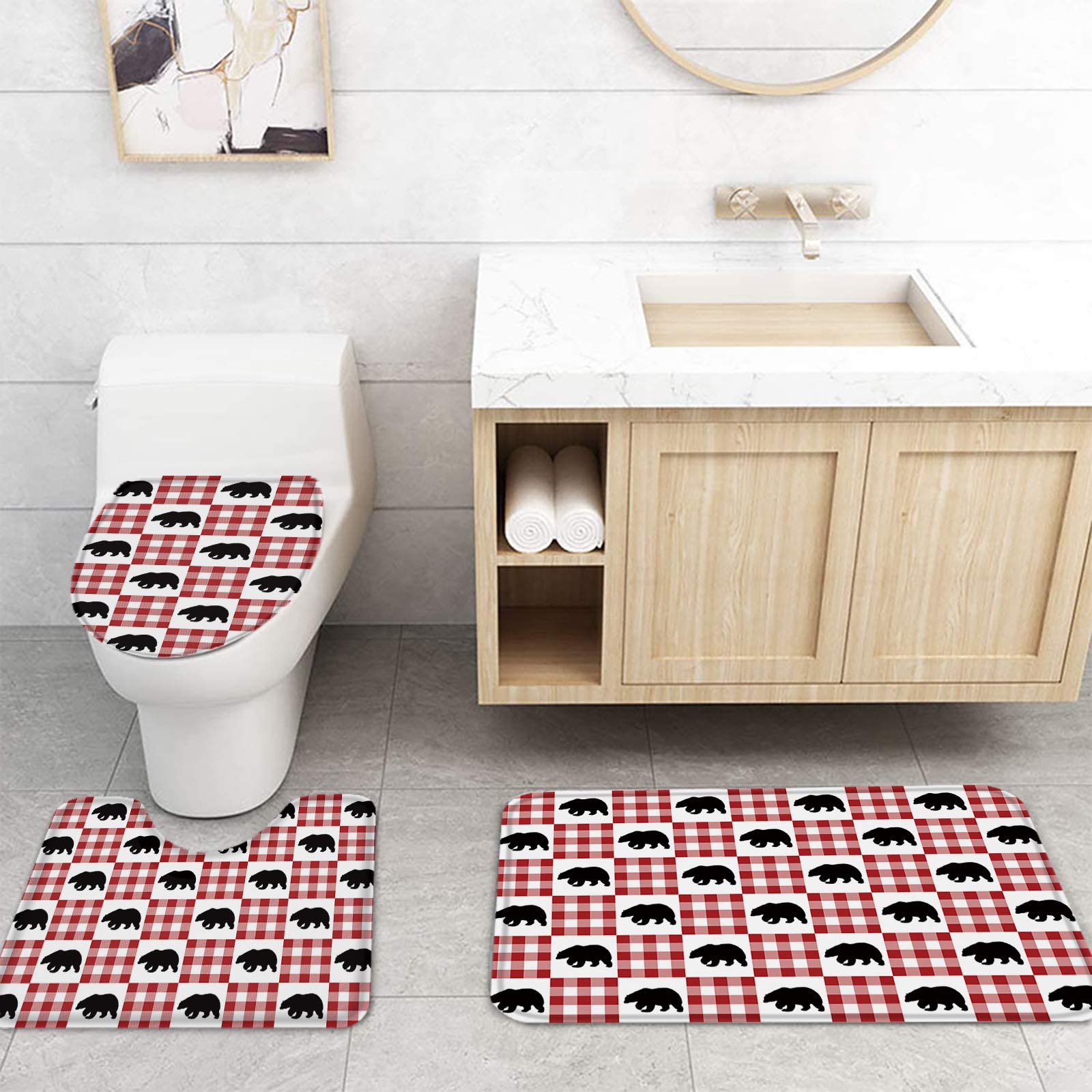 4PCS Non-Slip Christmas Arctic Bear Buffalo Plaid Bathroom Mat Set - Soft Shower Curtain Rugs, Toilet Seat Cover & Bath Mats for Cozy Holiday Bathroom Decor - Perfect for Winter Home Decor & Gift Giving