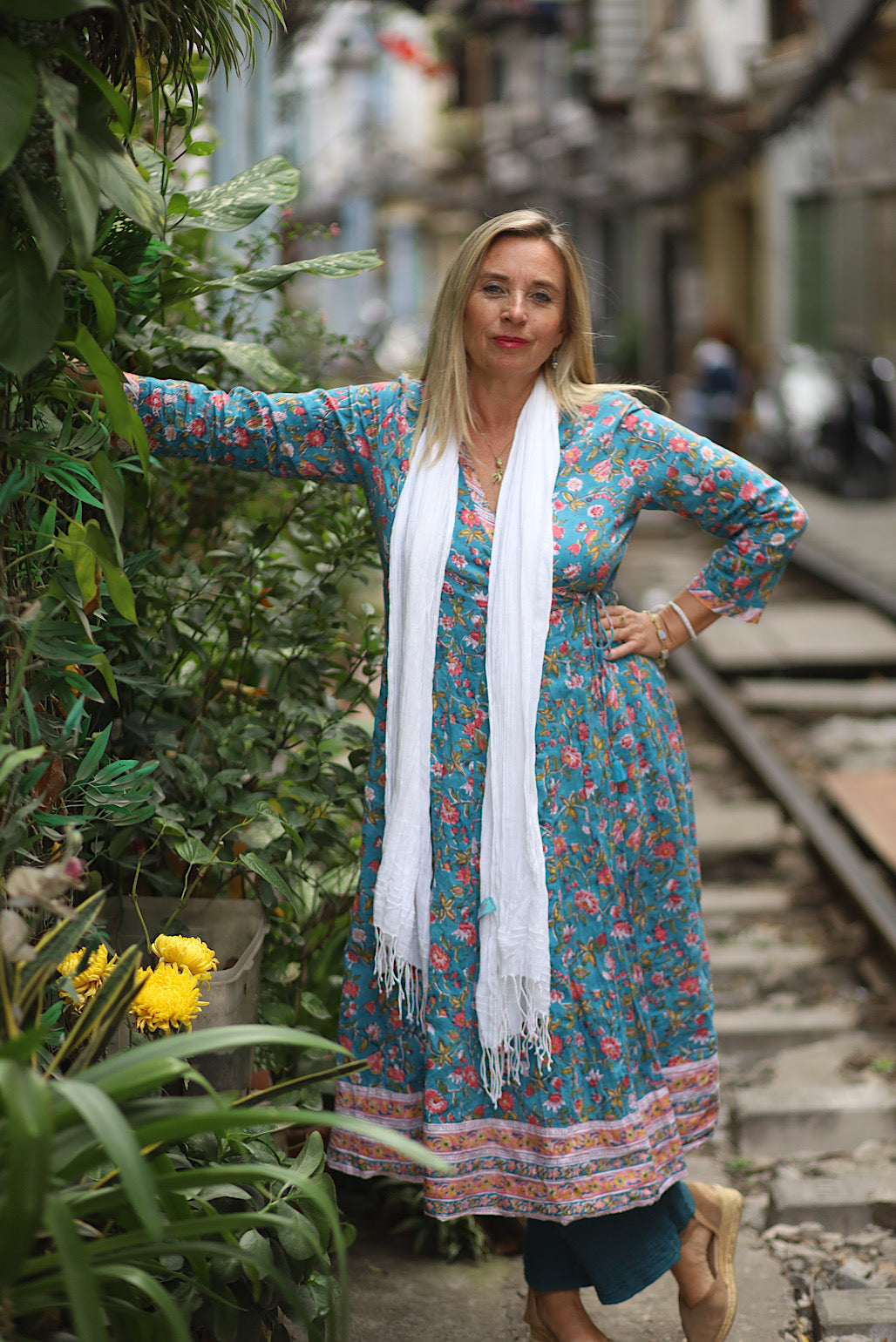 Elegant Wrap Dress in Amber Blue - Flattering Women's Midi Dress for Casual Wear, Office & Special Occasions