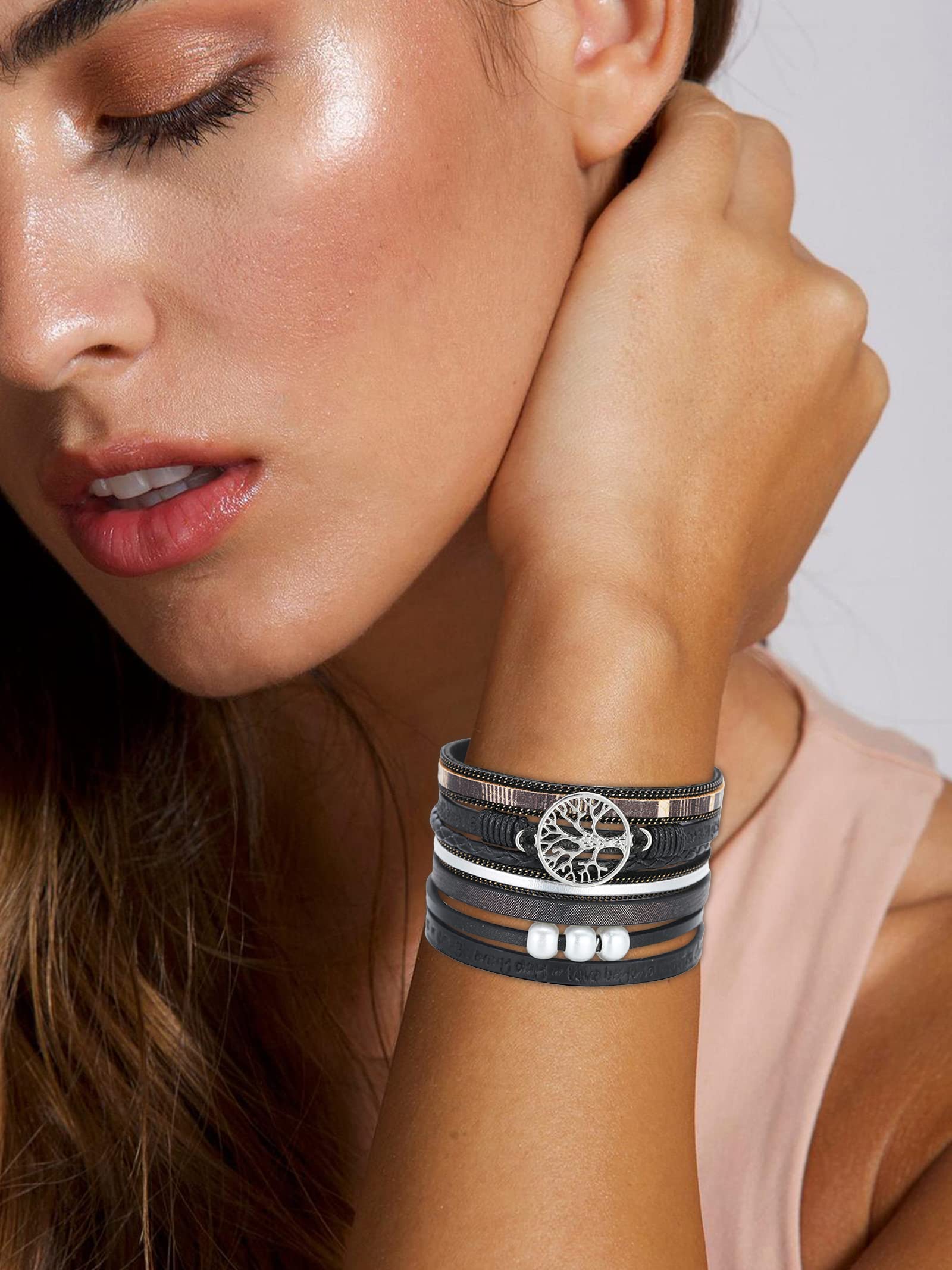 Trendy Boho Leather Wrap Bangle Bracelets for Women - Stackable Crystal Bead Bracelet Set - Valentine's Day, Birthday & Anniversary Gifts - Perfect for Everyday Wear, Layering & Special Occasions