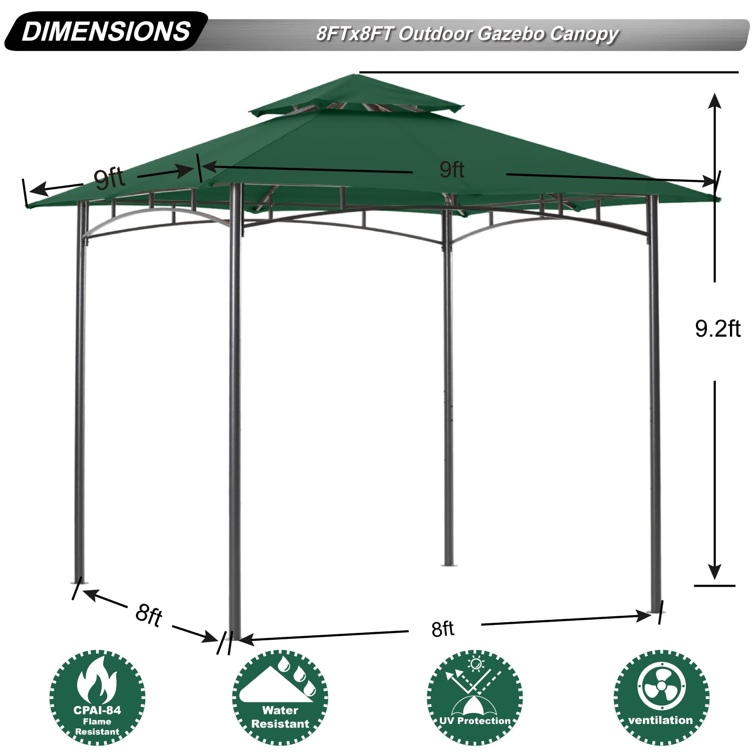 8x8 ABCCANOPY Outdoor Gazebo - Steel Frame Patio Canopy for Backyard, Garden, Deck (Forest Green) | Perfect for Shade, Parties & Relaxing Outdoors