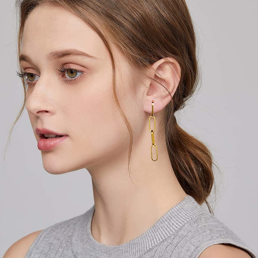 LILIE&WHITE 14K Gold Pave Cubic Zirconia Convertible Hoop Earrings for Women - Paperclip Link Chain Drop Dangle Earrings Set, Rectangle Design | Perfect for Parties, Weddings & Everyday Elegant Wear
