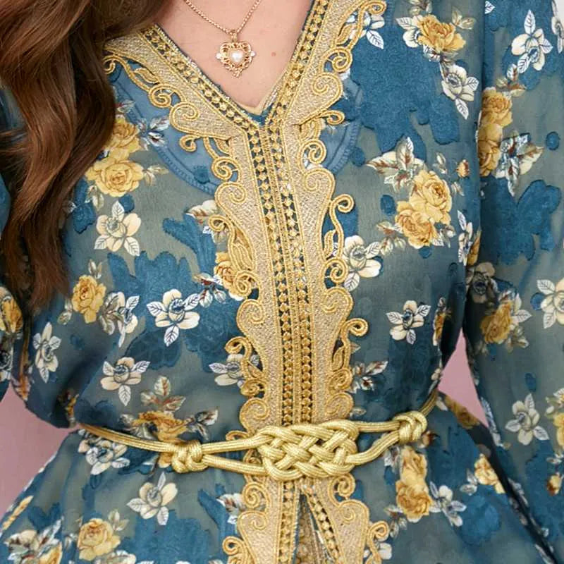 Elegant 2-Piece Eid Dress Set - Floral Printed Kaftan with Satin Lining | Muslim Women's Holiday Outfit for Special Occasions & Celebrations