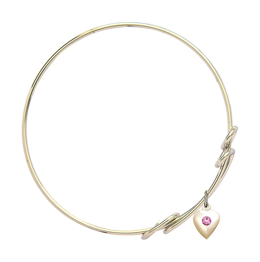 8 1/2 Inch Round Double Loop Bangle Bracelet with Heart Charm & Rose Crystal - Elegant Jewelry for Women, Perfect for Valentine's Day, Anniversary, Wedding, or Everyday Wear