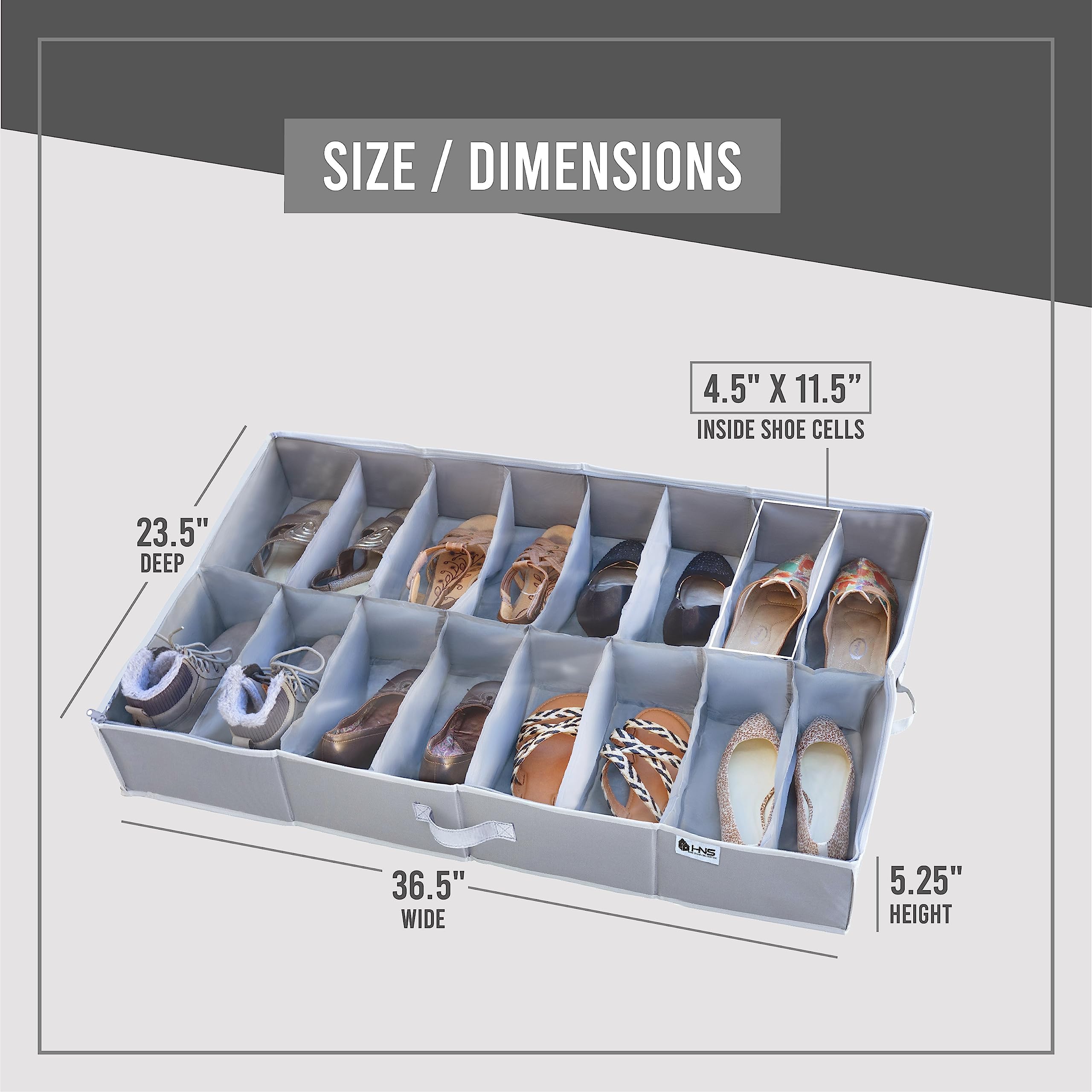 Under Bed Shoe Storage Organizer - Heavy Duty 600D Tear-Resistant Fabric - Holds Up to 16 Pairs of Men's & Women's Shoes - Extra Strong Zipper Closure - Space Saving Grey Shoe Box - Perfect for College Dorms, Small Apartments & Closet Organization
