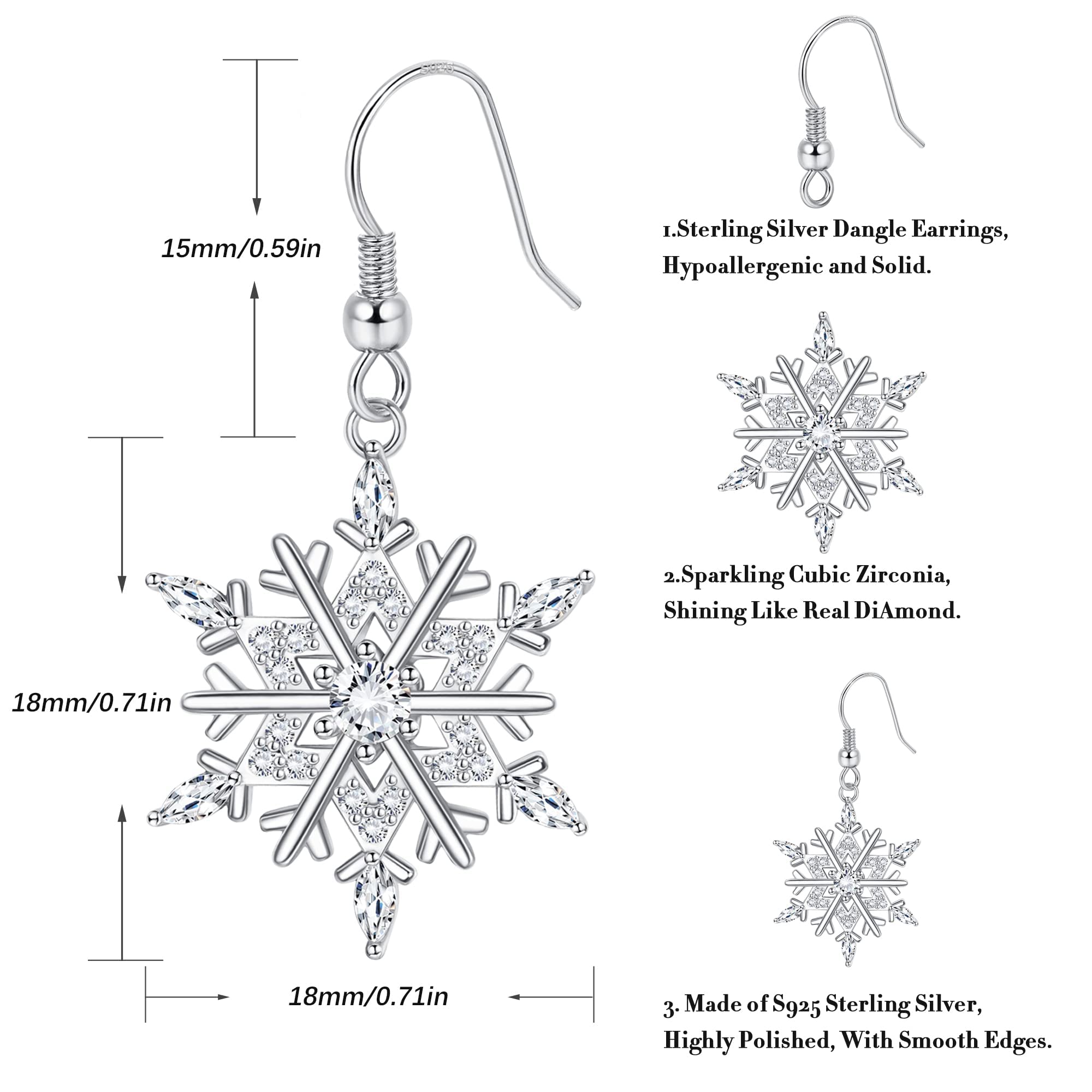 MILACOLATO Christmas Snowflake Earrings for Women - 925 Sterling Silver Drop Dangle Earrings with 18K White Gold Plating - Xmas Holiday Party Jewelry Gift for Her - Perfect for Christmas Parties, Office Celebrations & Festive Gatherings