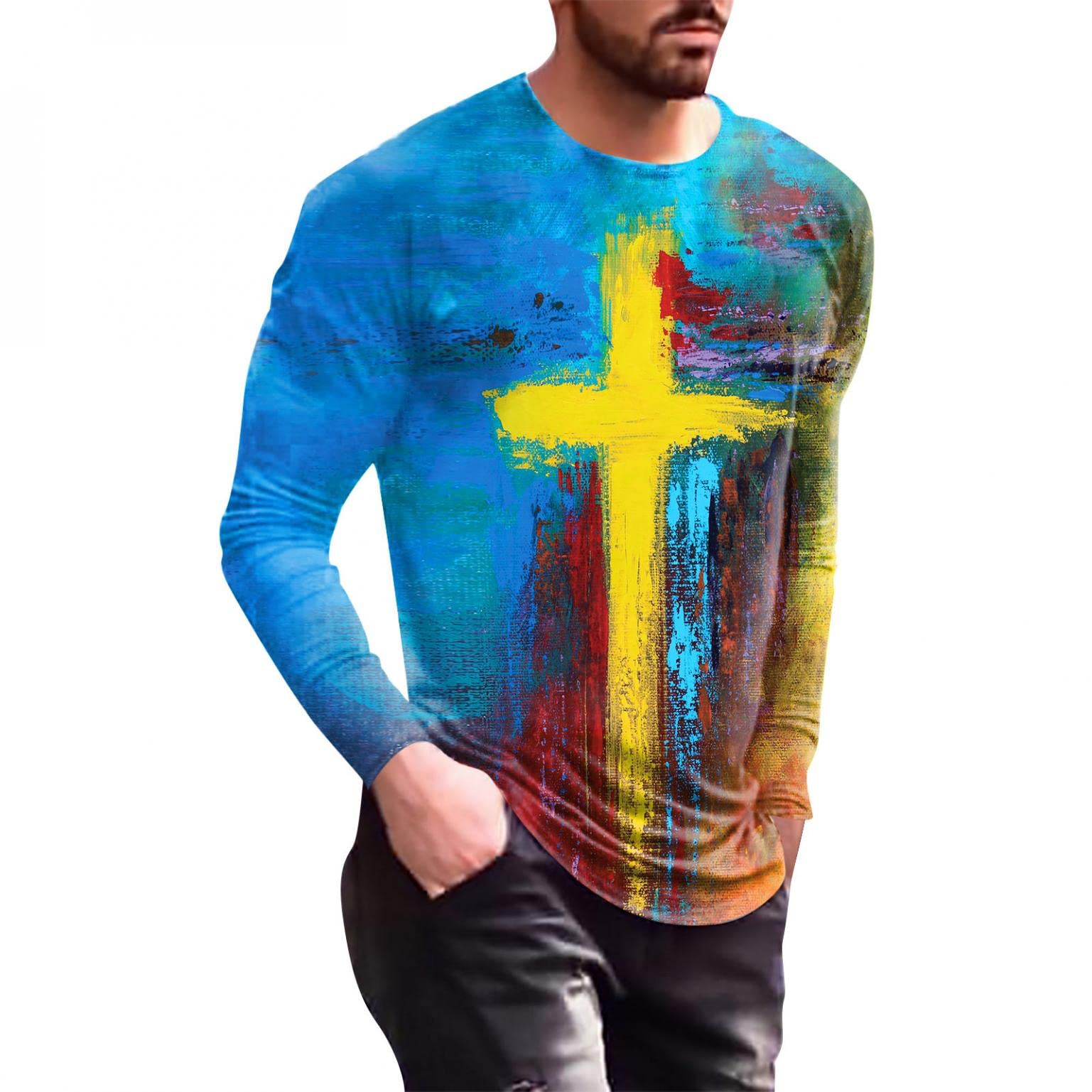XXBR Men's Long Sleeve T-Shirt with 3D Jesus Cross Print - Faith-Inspired Streetwear & Workout Athletic Tee for Fall - Perfect for Church, Gym, and Casual Wear