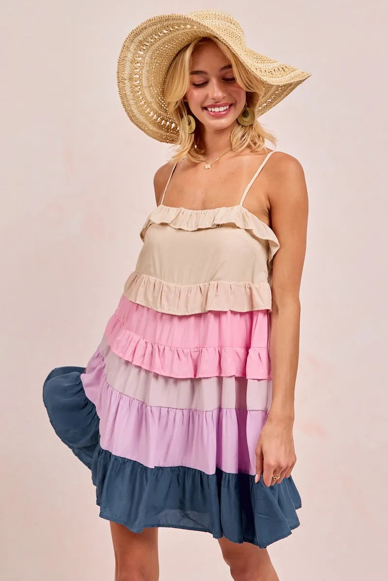 Stylish Color Block Tiered Dress for Women - Trendy Flowy Midi Dress for Casual Outings & Summer Parties