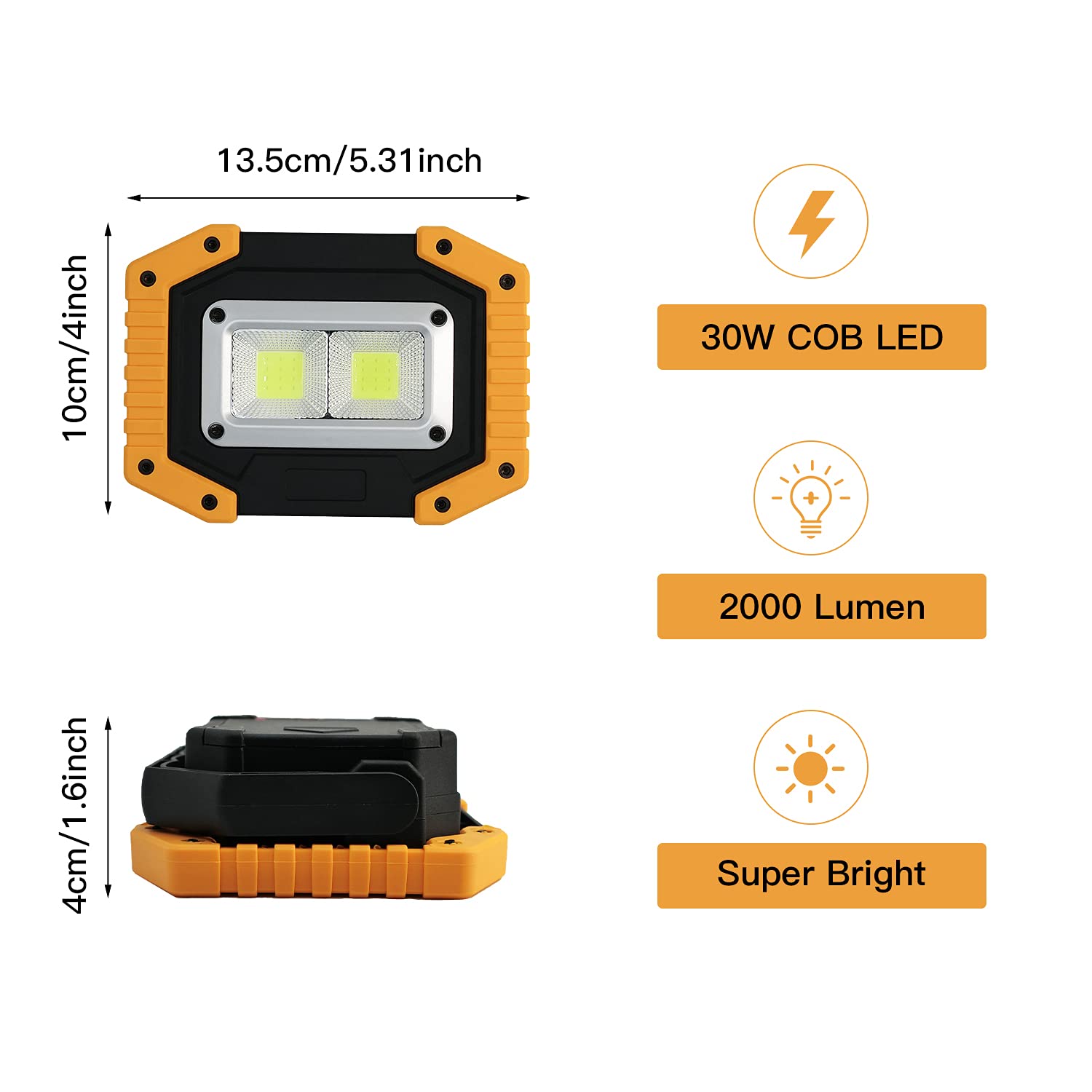 30W 2000LM Rechargeable LED Work Light - Waterproof Portable COB Flood Light with Stand | Battery Powered for Outdoor Camping, Emergency, Garage, Workshop & Construction Sites