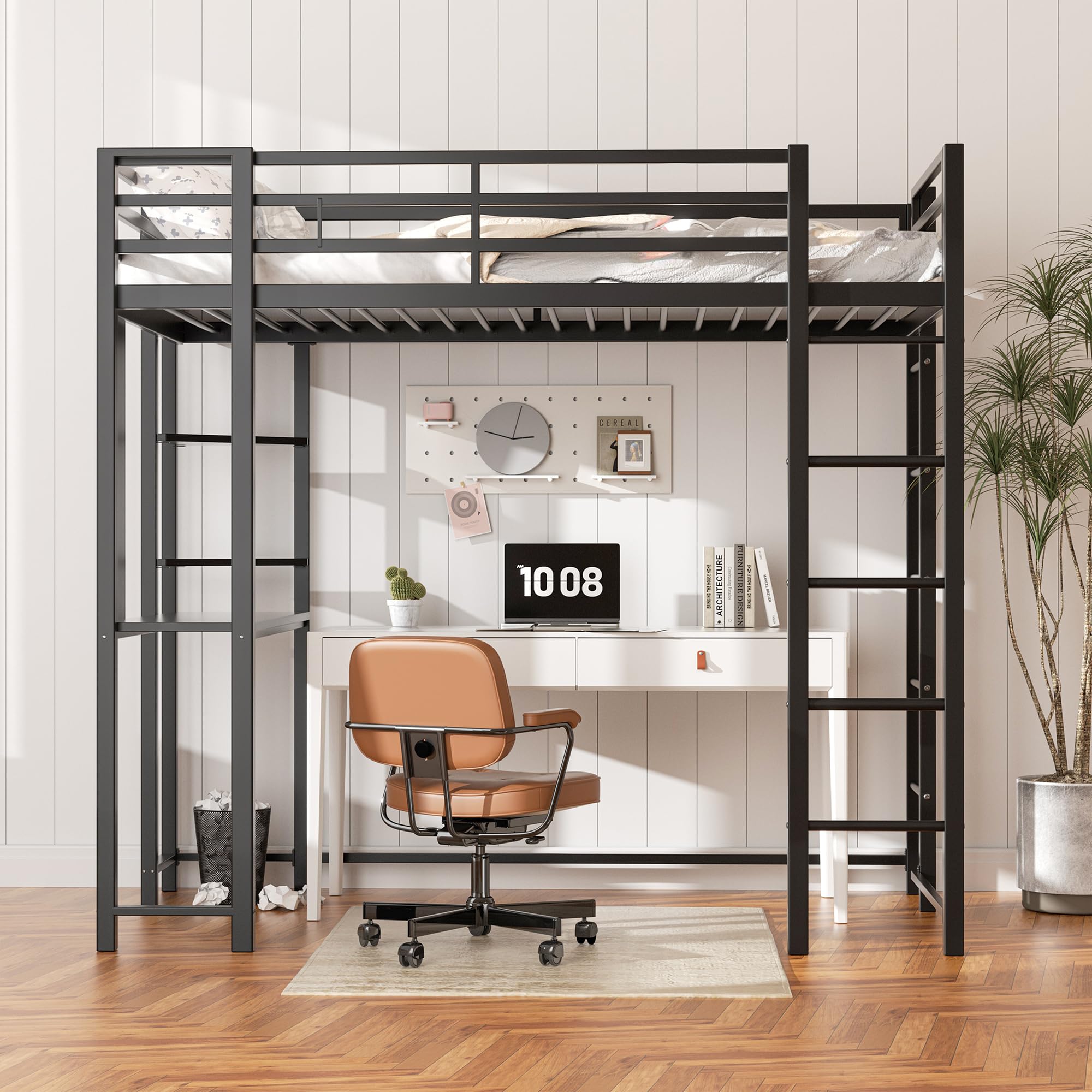 Shintenchi Twin Size Loft Bed with Desk & Storage Shelves - Sturdy Space-Saving Bed Frame for Kids, Teens & Adults - Anti-Tilt Quiet Design with 2 Ladders - Perfect for Small Bedrooms, Dorms & Studio Apartments (Black)