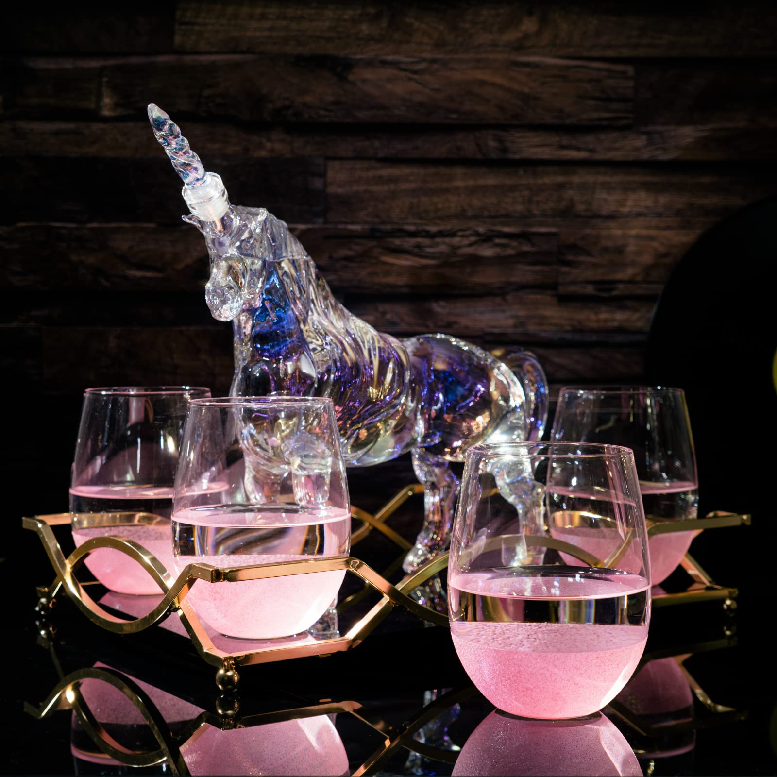 Iridescent Unicorn Wine Whiskey Decanter Set - 750ml Glass Decanter with 4 Pink Sparkle Glasses for Wine, Whiskey, Scotch, Tequila & Cocktails - Perfect for Unicorn Themed Parties, Bridal Showers & Unique Gifts - 14