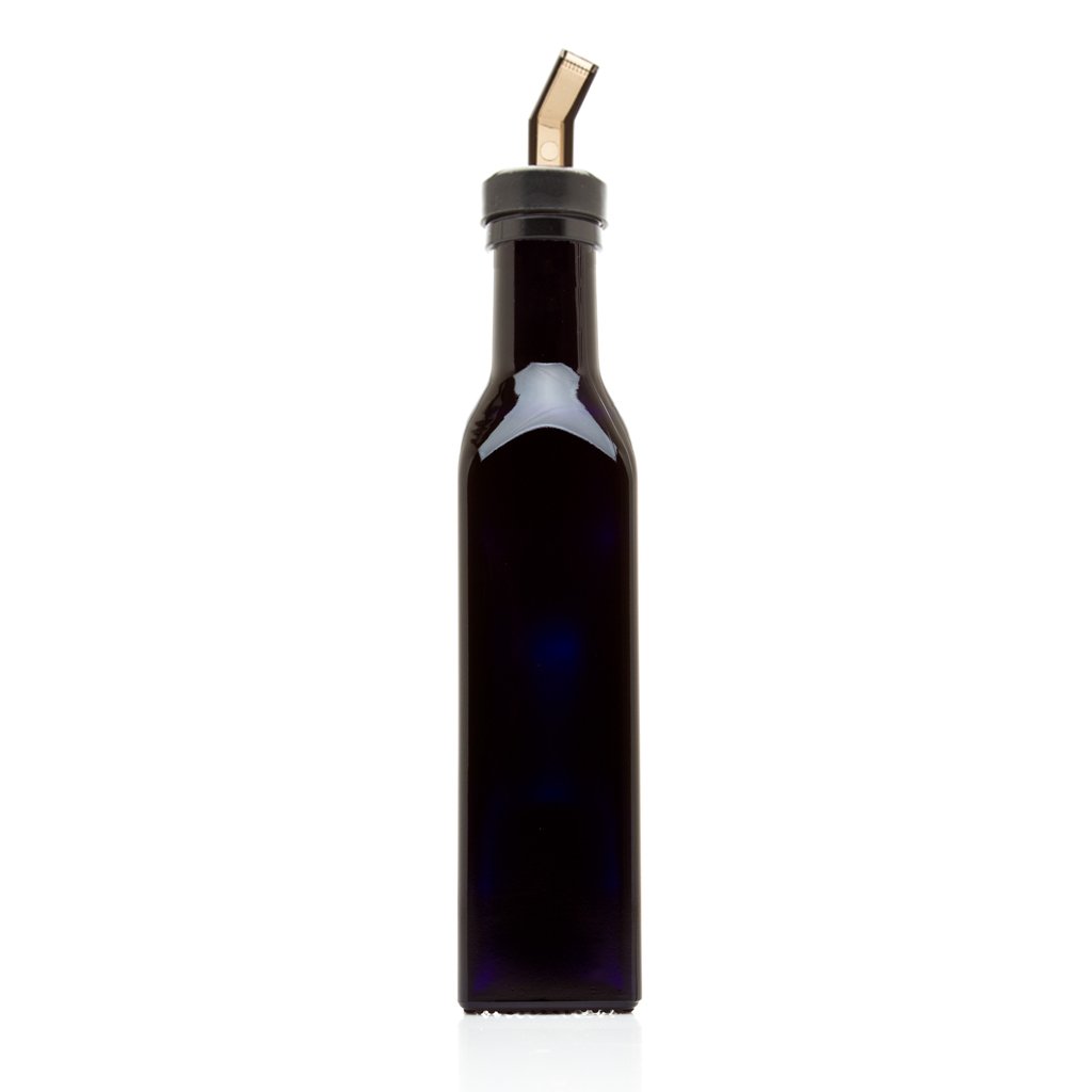 Infinity Jars Black UV-Protective Square Glass Oil Bottle 250ml (8.5oz) with Plastic Pour Spout - Airtight Olive Oil Dispenser for Kitchen, Vinegar Cruet & Cooking Oil Storage - Perfect for Pantry Organization & Gourmet Cooking