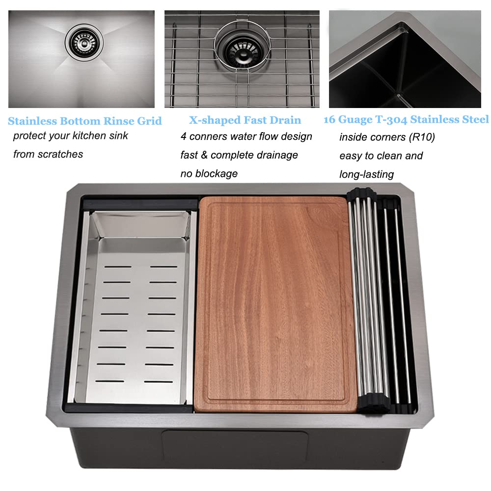 24 Inch Black Undermount Kitchen Sink - 16 Gauge Stainless Steel Workstation Sink with Deep Basin (24x19 Inch) - Perfect for Food Prep, Dishwashing & Bar Use