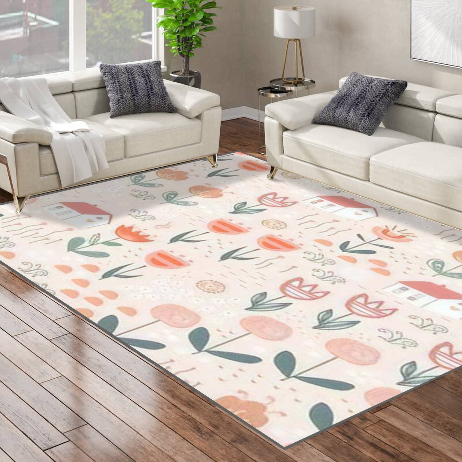 Non-Slip Floral Meadow Area Rug with Charming Cottage Design - Seamless Doodle Pattern Playmat for Yoga, Nursery, Living Room & Bedroom | Perfect for Indoor Floor Decor, Kids Play Area & Home Patio