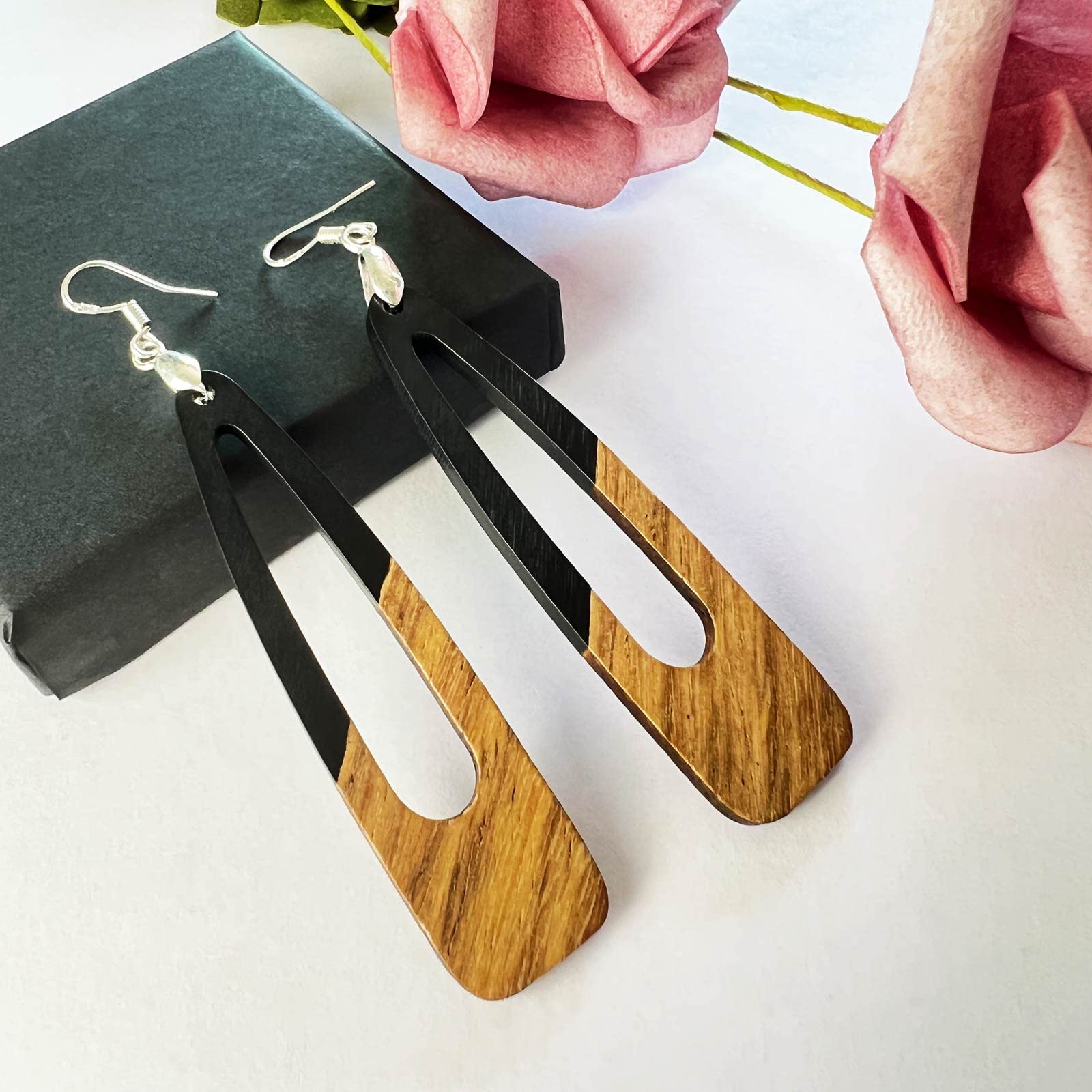 Handmade Wooden Dangle Earrings for Women - Lightweight Brown & Black Geometric Drop Earrings with Resin Accents | Boho Chic Statement Jewelry for Casual Wear, Office & Special Occasions