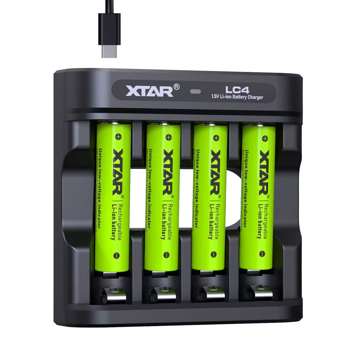 XTAR 4-Pack AA AAA Lithium Rechargeable Batteries with LC4 USB Charger - 1.5V Long-Lasting Batteries with Low-Power Indicator, 1200 Charge Cycles (4 AAA Batteries + Smart Charger) - Perfect for Cameras, Flashlights, Gaming Controllers & Smart Home Devices