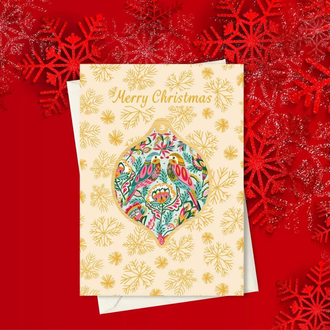 Handmade Bejewelled Birds Christmas Card & Bauble Set - Festive Holiday Greeting Card with Ornament for Xmas Tree Decor - Perfect for Holiday Gifting, Home Decor & Christmas Party Favors