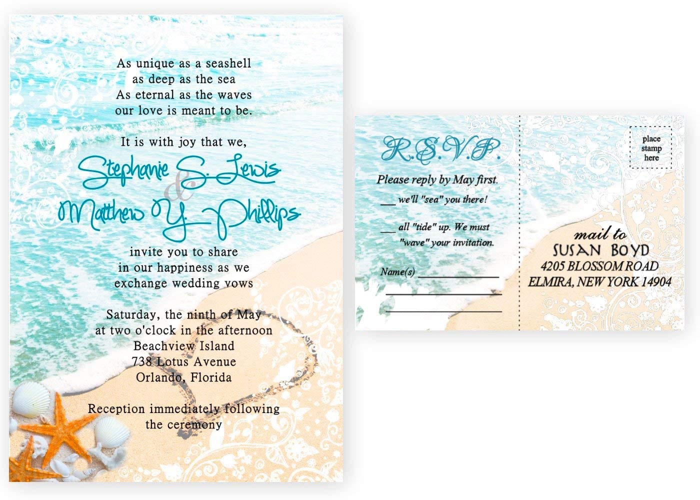 Custom Beach Wedding Invitations Set of 50 - Starfish & Seashell Theme Invite Cards with RSVP Cards for Bridal Showers, Destination Weddings & Beach-Themed Events