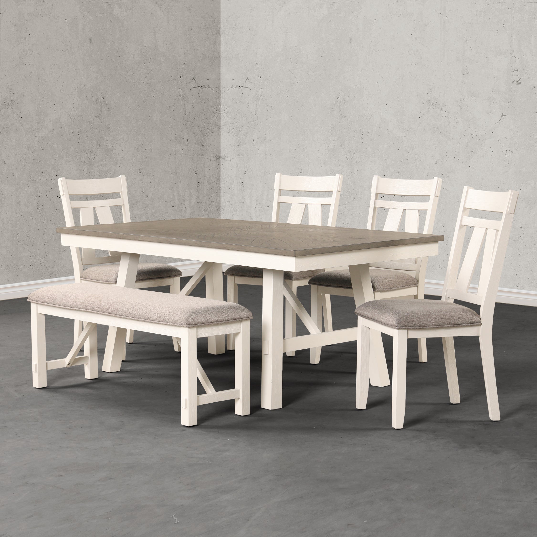 Roundhill Furniture Fasena 6-Piece Rustic Dining Set with Trestle Table, 4 Chairs & Bench in Gray & Off-White - Perfect for Farmhouse Kitchens, Dining Rooms & Outdoor Entertaining