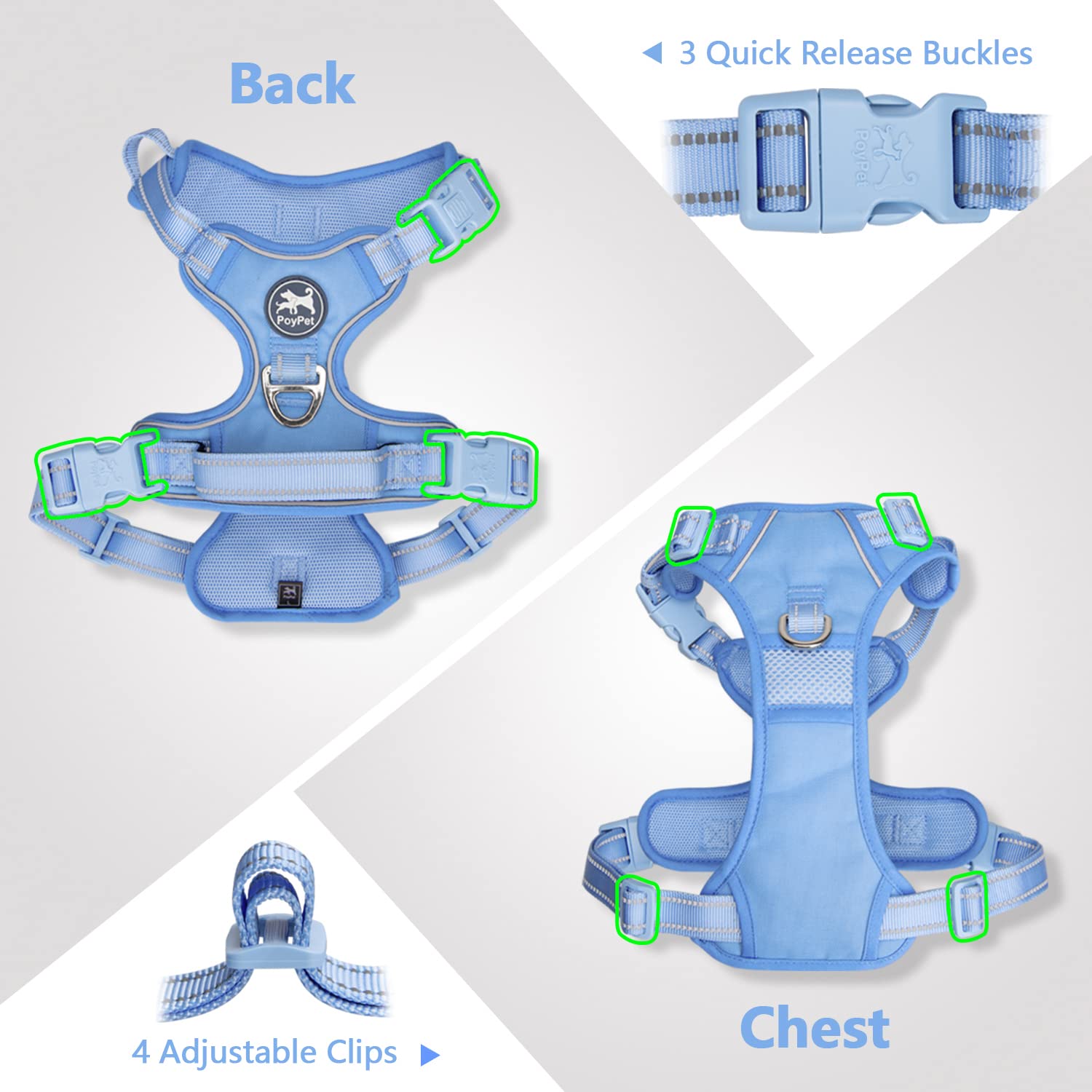 PoyPet No Pull Dog Harness - Reflective Adjustable Pet Vest with Padded Handle for Small Medium Large Dogs - Light Blue Matching Trim Size M - Perfect for Walking, Running & Nighttime Safety