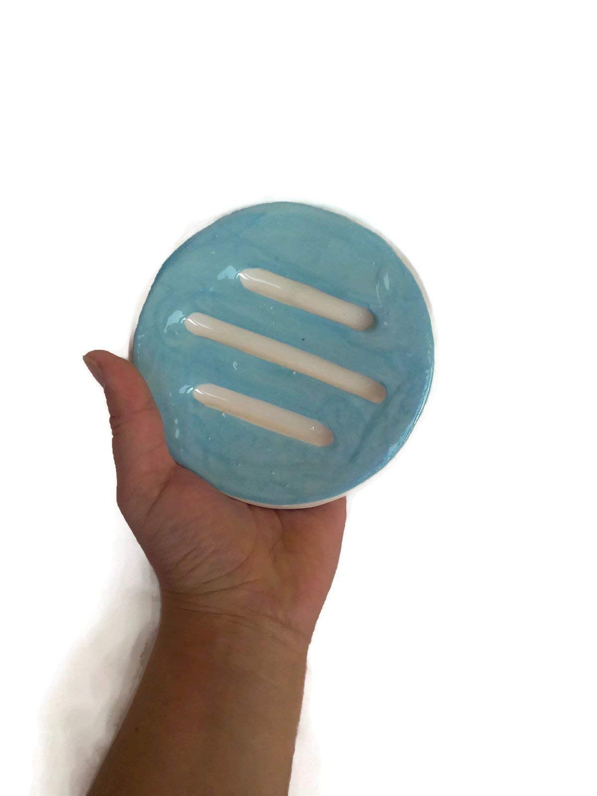 Ceramic Soap Dish and Sponge Holder for Bathroom or Kitchen - Turquoise Blue | Non-Slip Drainage Tray for Showers, Sinks, and Countertops