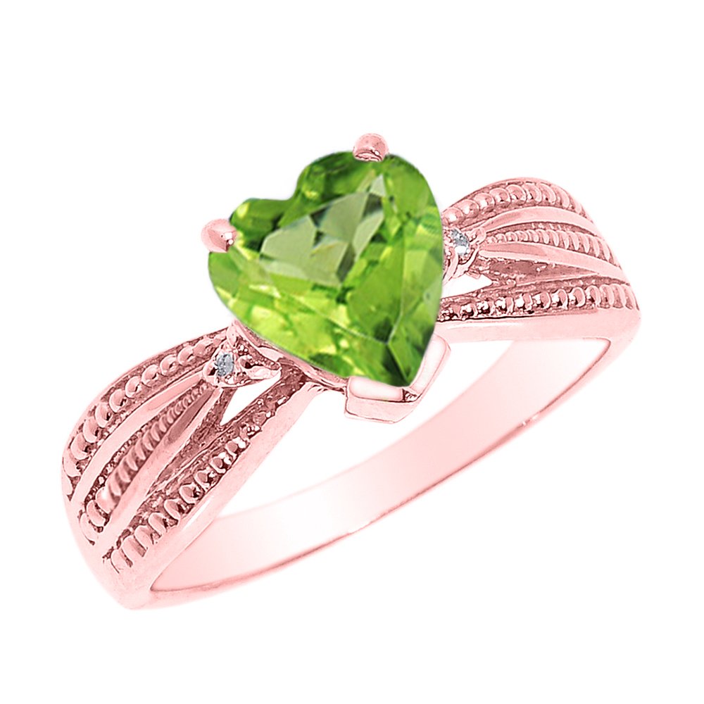 10K Rose Gold Peridot and Diamond Engagement Ring for Women - Elegant Solitaire Promise Ring for Proposal, Anniversary & Valentine's Day Gift