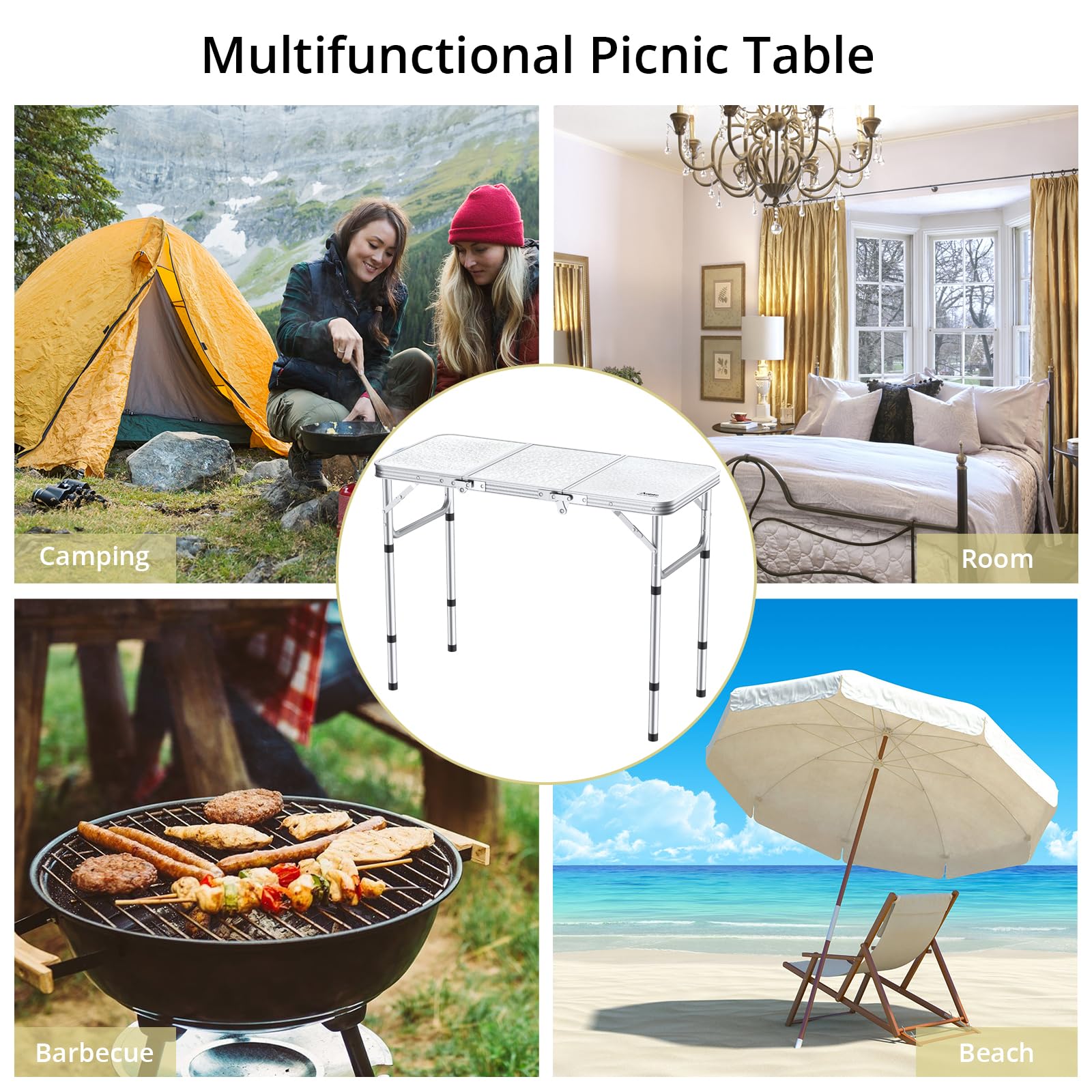 Portable 3ft Aluminum Folding Camping Table with Storage Net - 3 Adjustable Heights up to 27.1