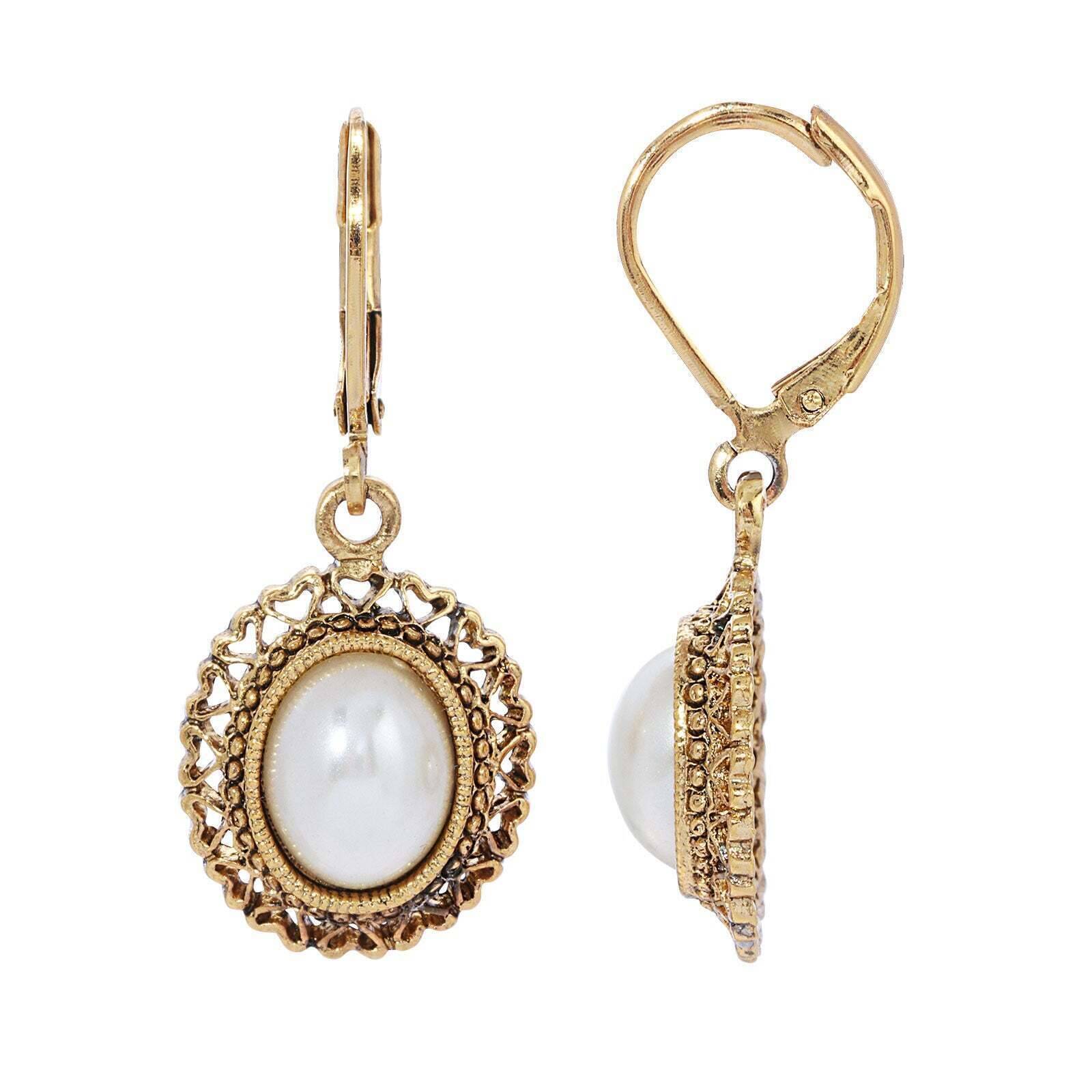 1928 Jewelry Majesties Oval Faux Pearl Hearts Drop Earrings - Vintage Style Dangle Earrings for Women, Perfect for Weddings, Parties & Special Occasions