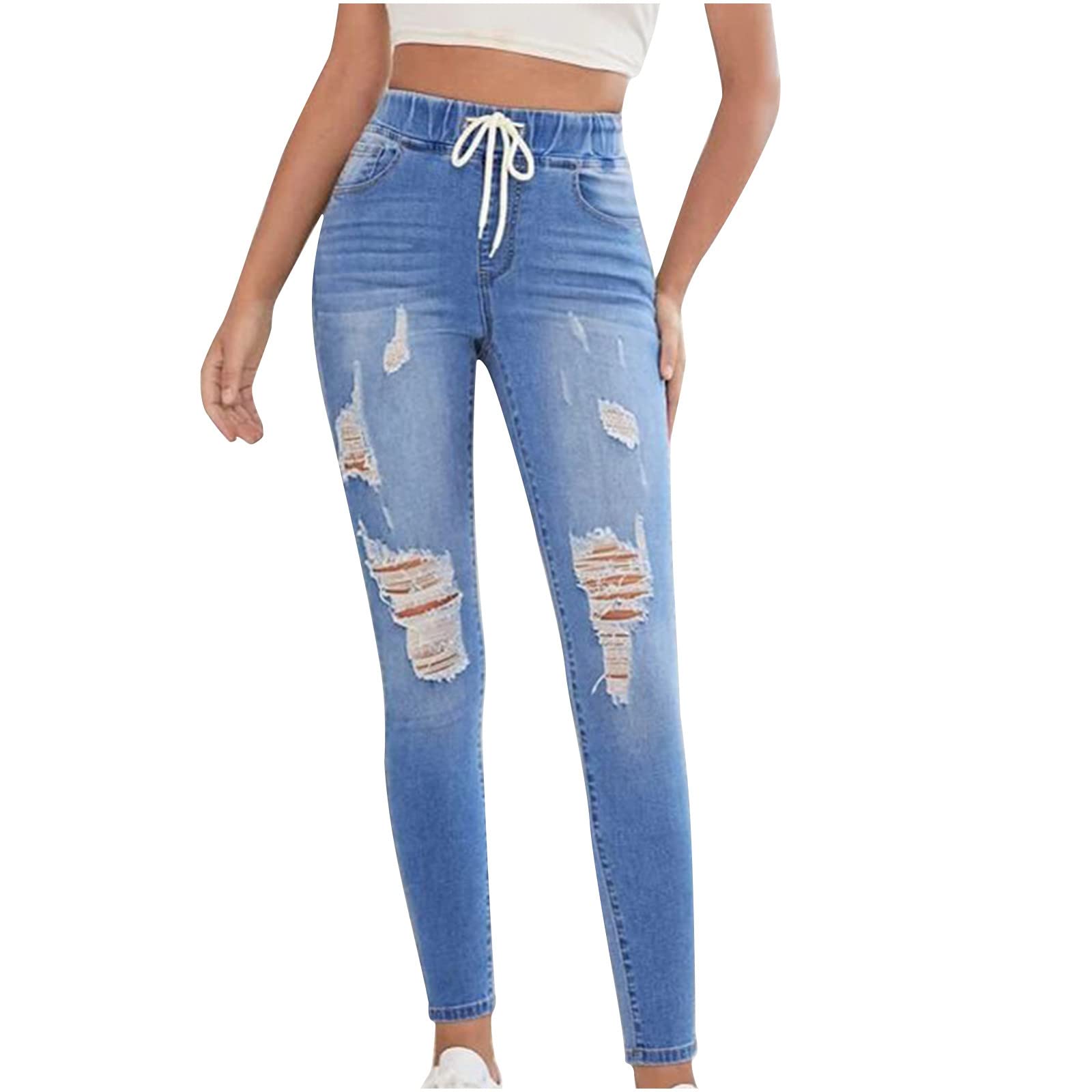 SHENGXINY Women's Ripped Jeans with Hole Bandage Design, Zipper Pockets, Casual Denim Flare Wide Leg Slim Pants for Streetwear & Everyday Fashion