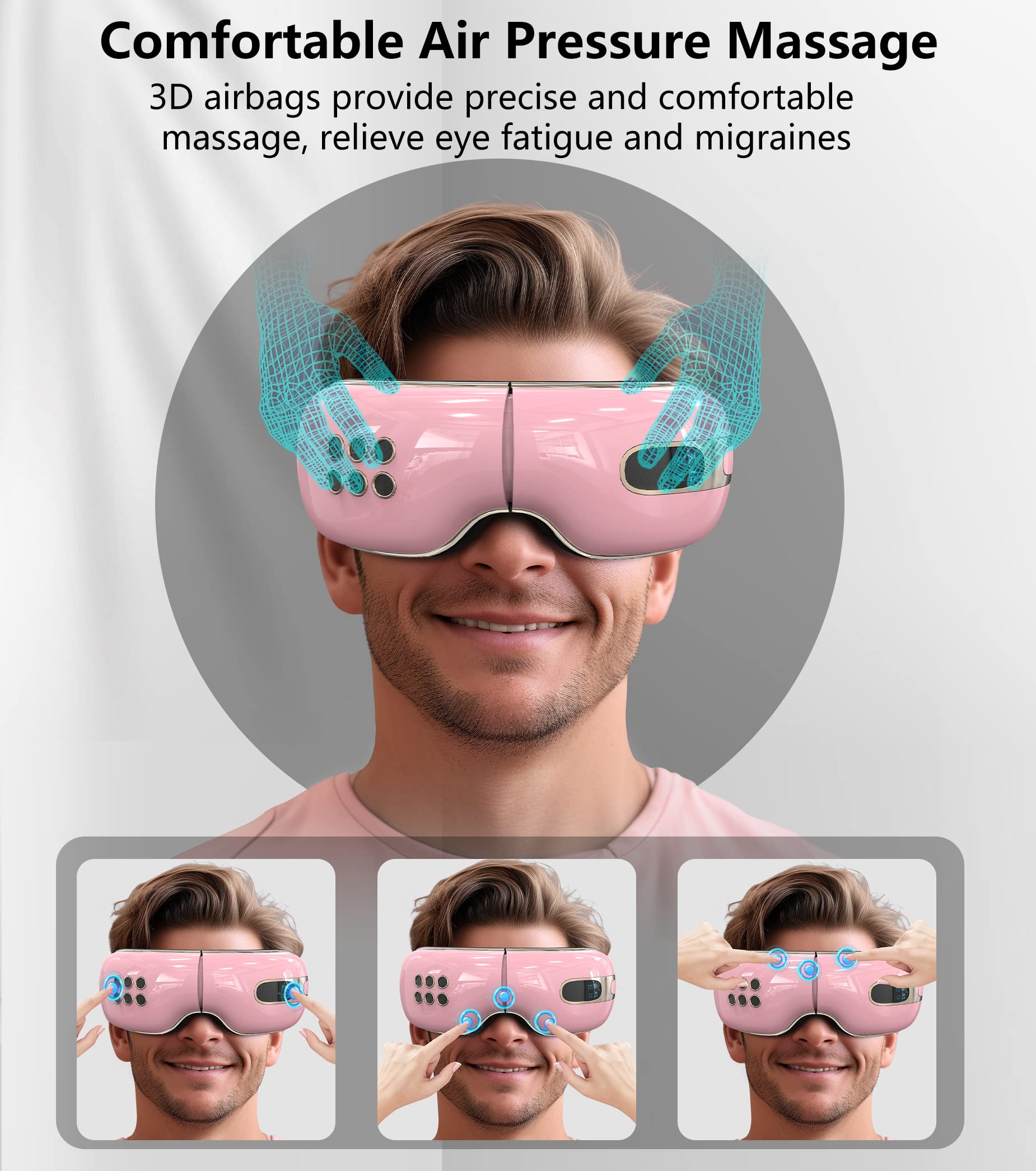 Heated & Cooling Eye Massager for Relaxation - Relieves Eye Strain, Dry Eyes, Dark Circles & Puffiness | Bluetooth Music Eye Mask for Better Sleep | Perfect Gift for Women & Men (Pink) - Ideal for Office Workers, Students & Travelers
