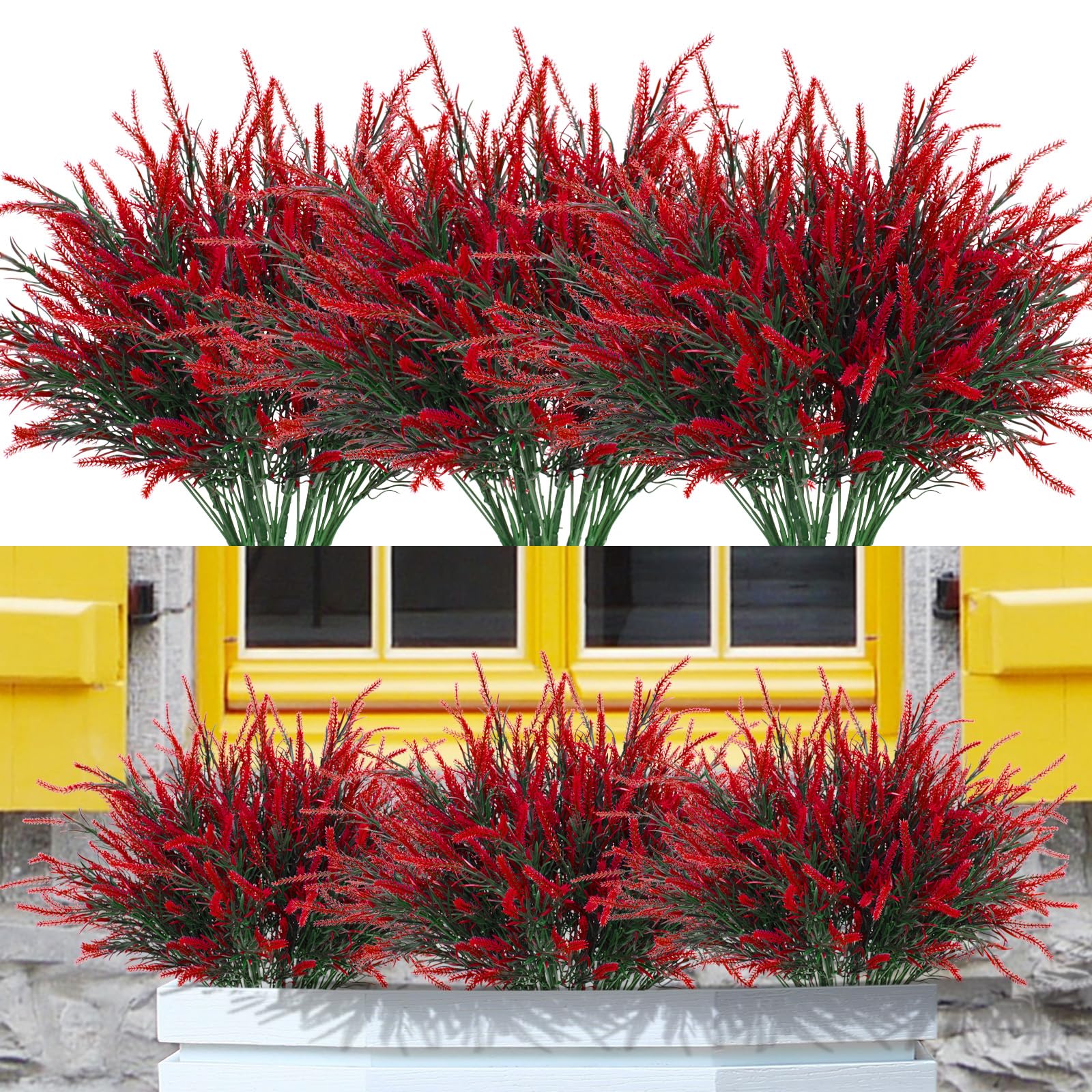 12 Bundles Artificial Lavender Flowers UV Resistant Fake Plants - Faux Plastic Shrubs for Window Box, Garden, Porch Decor - Bright Red - Perfect for Outdoor Home Decor, Wedding Centerpieces & Landscaping
