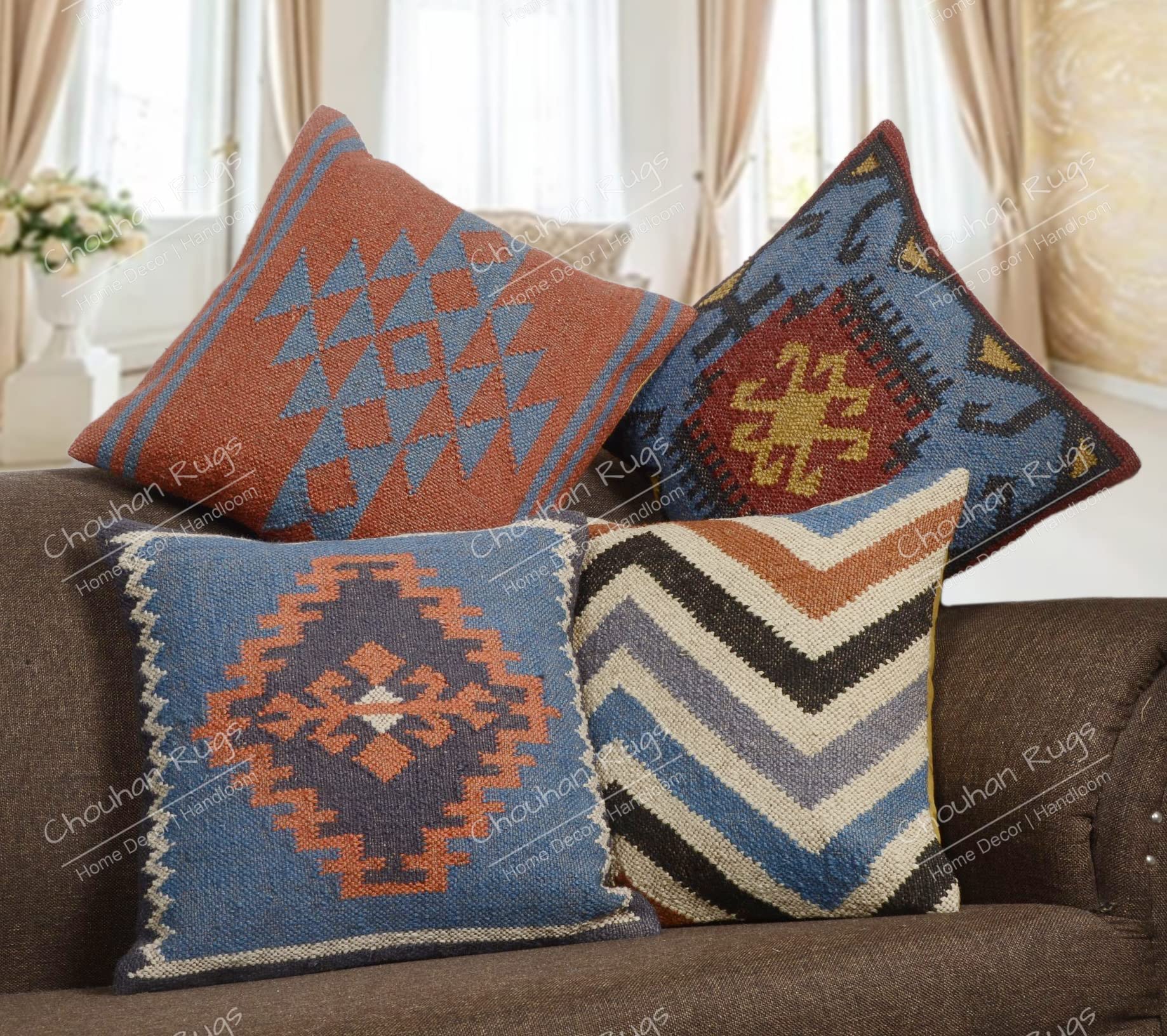 Handmade 45x45cm 4-Piece Jute Cushion Covers Set - Bohemian Kilim Throw Pillow Covers with Moroccan Design for Sofa, Bed & Home Decor