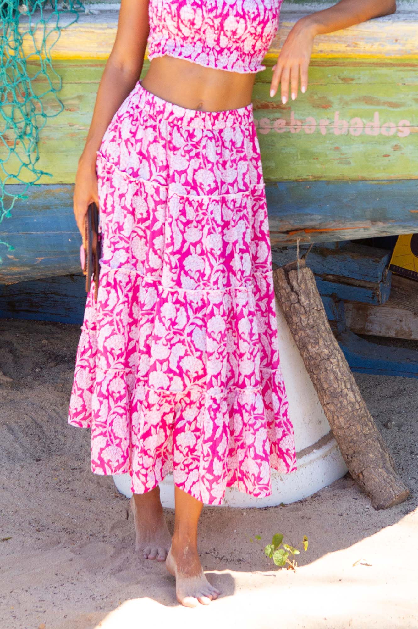 One Size Flowy Skirt in Dianthus Pink & White - Perfect for Summer Outfits, Beach Vacations and Casual Wear