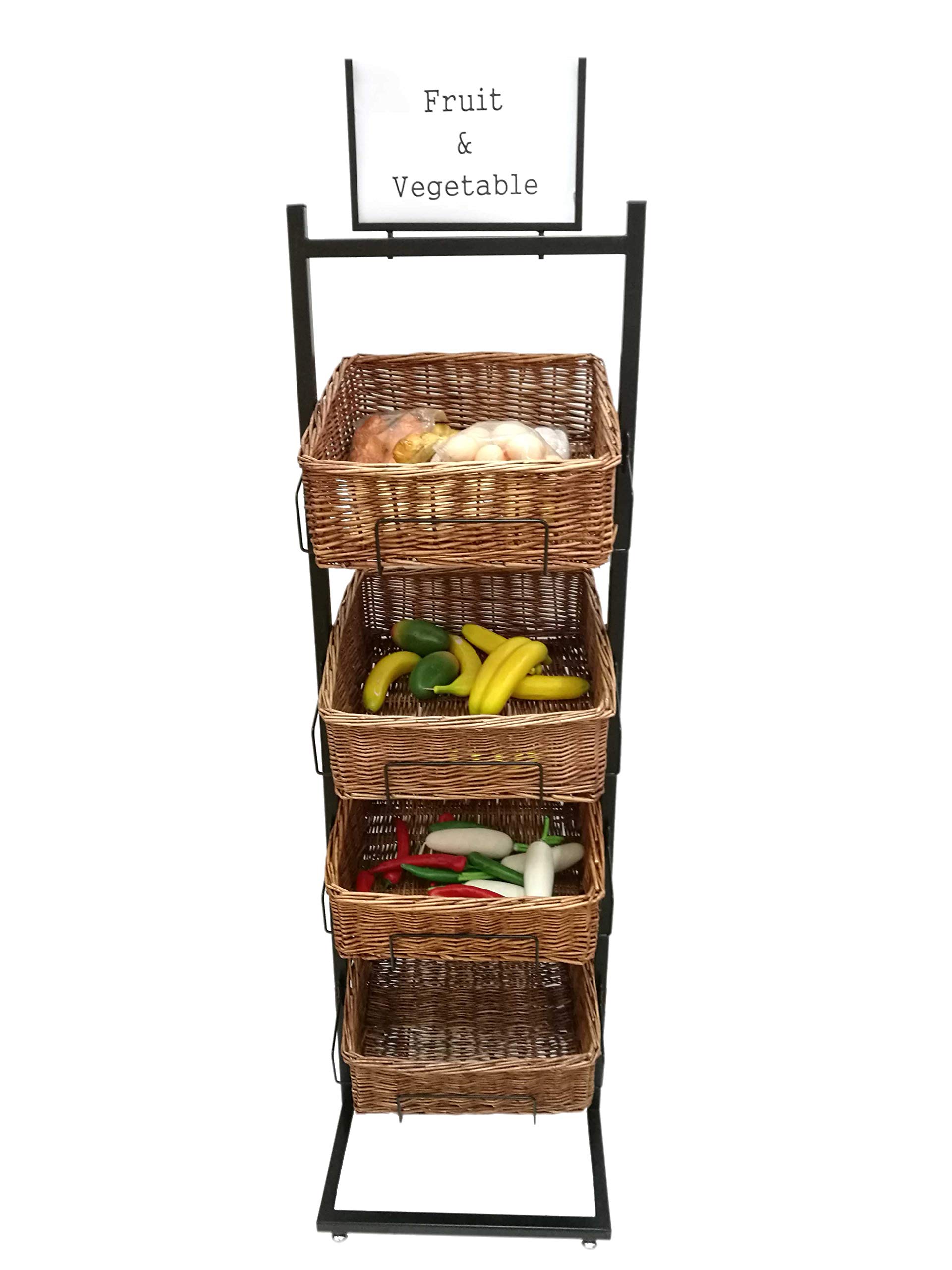 FixtureDisplays® 4-Tier Black Wicker Basket Stand - Perfect for Bakery, Produce, and Fruit Display in Stores, Farmers Markets, and Kitchen Organization