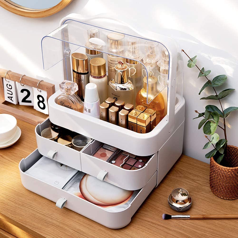 Premium Makeup Organizer with Lid & Drawers - Cosmetic & Skincare Storage Box for Vanity, Bathroom & Countertop - White | Perfect for Organizing Beauty Products, Jewelry & Small Essentials