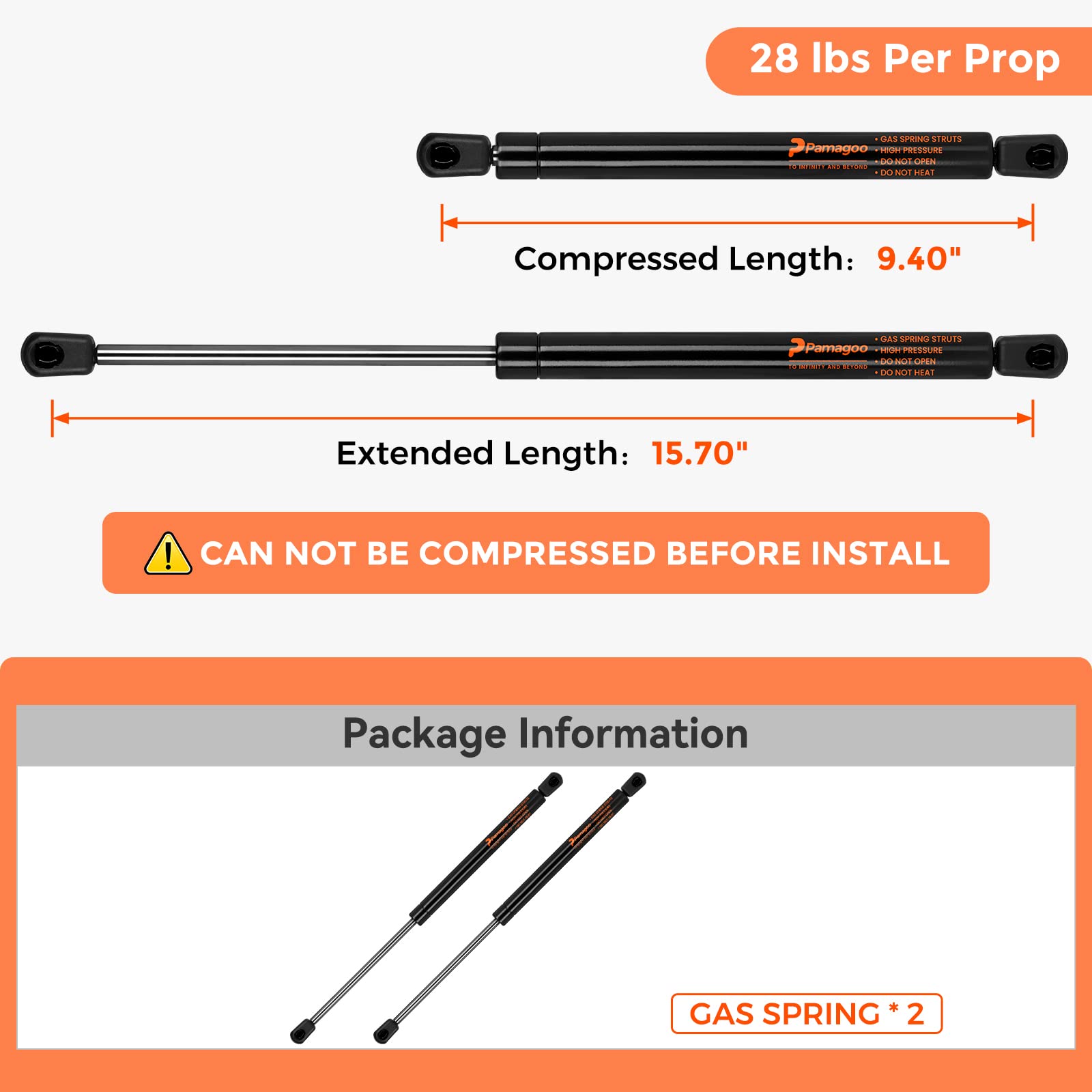 16 Inch Gas Strut 28lb 125N Lift Support Shock Absorber (2 Pack) - Replacement for Camper Shell, Pickup Truck Cap, Hatch, Leer Canopy & Fiberglass Rear Topper Window Back Door - Perfect for Smooth Opening/Closing & Heavy Duty Support