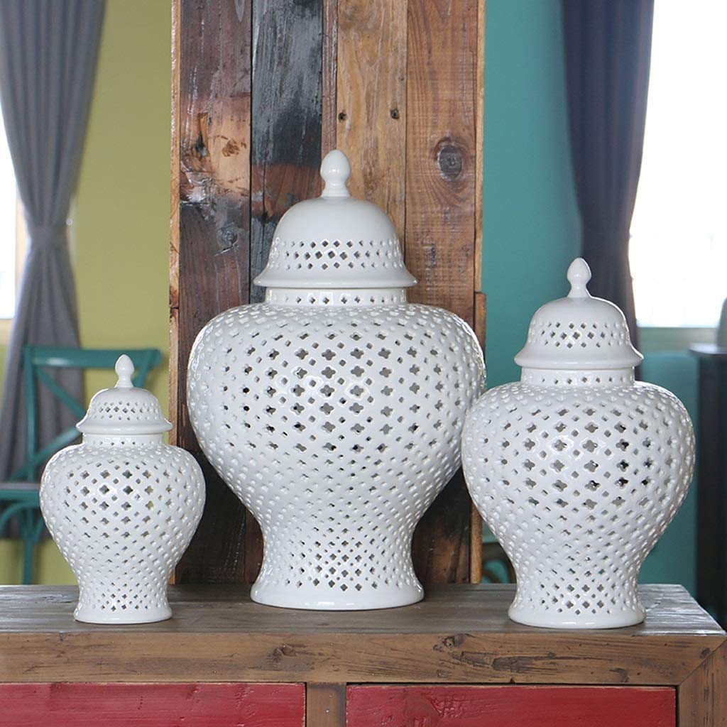 Traditional Chinese White Lattice Ginger Jar with Lid - Carthage Pierced Porcelain Lantern - Jingdezhen Ceramic Vase (Medium Size) | Home Decor, Wedding Centerpiece, Asian-Inspired Interior Design