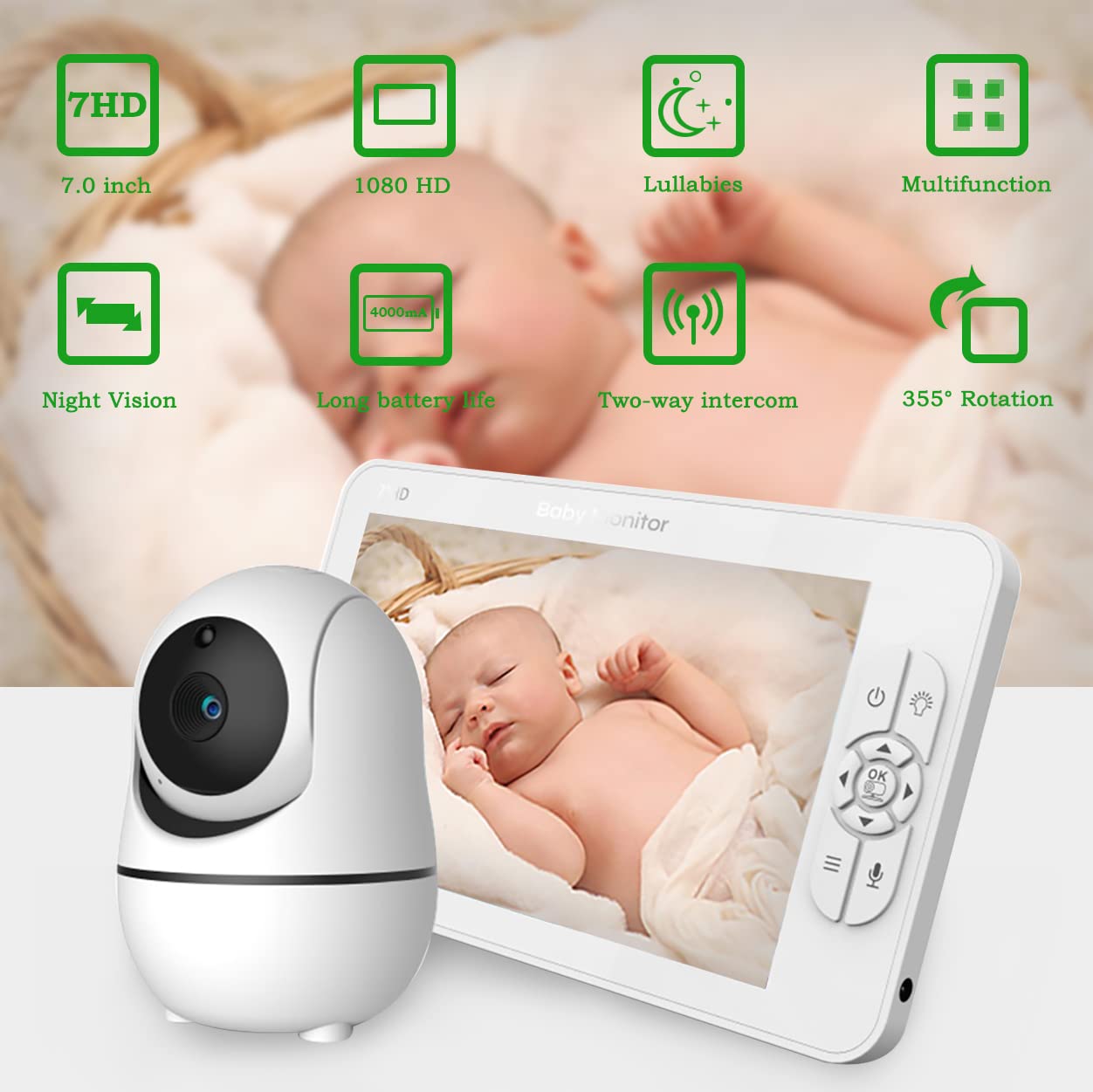 7-inch HD Baby Monitor with Camera - Split Screen, Two-Way Audio, Rotating Lens & Temperature Sensor | 1080P Video, Auto Night Vision & Soothing Lullabies | Perfect for Nursery, Daycare & Home Security Monitoring