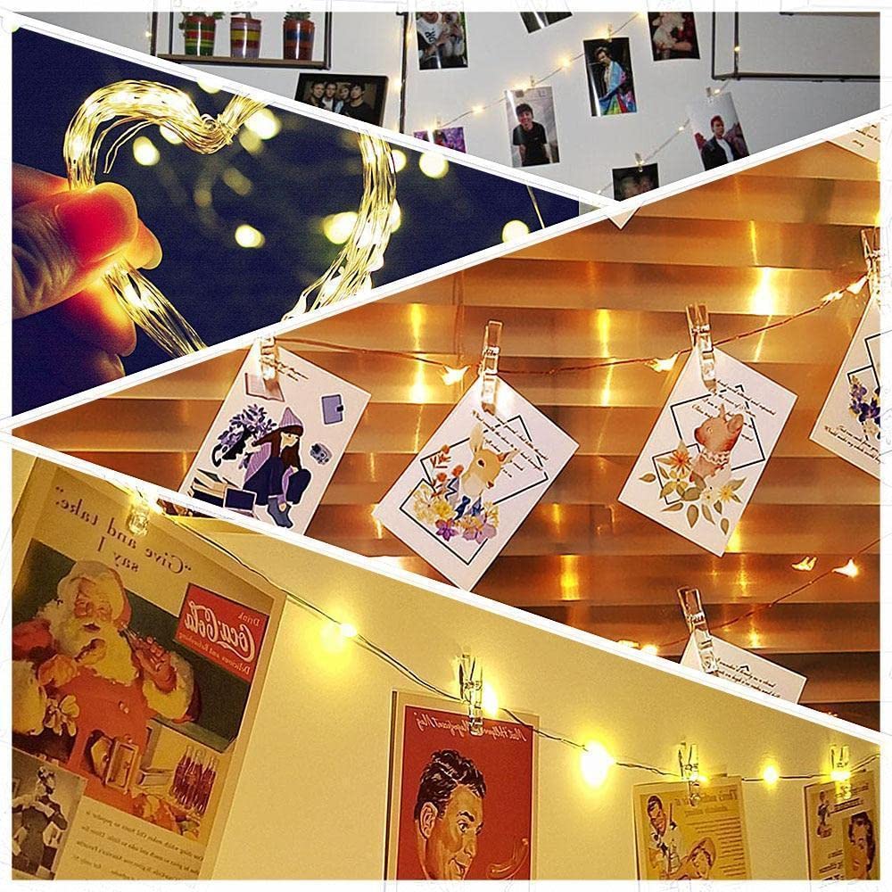 33FT USB LED Photo Clip String Lights - 100 Warm White Fairy Lights with 50 Clips for Wall Pictures | Indoor Bedroom Decor, Dorm Room, Wedding, Party & Christmas Decoration