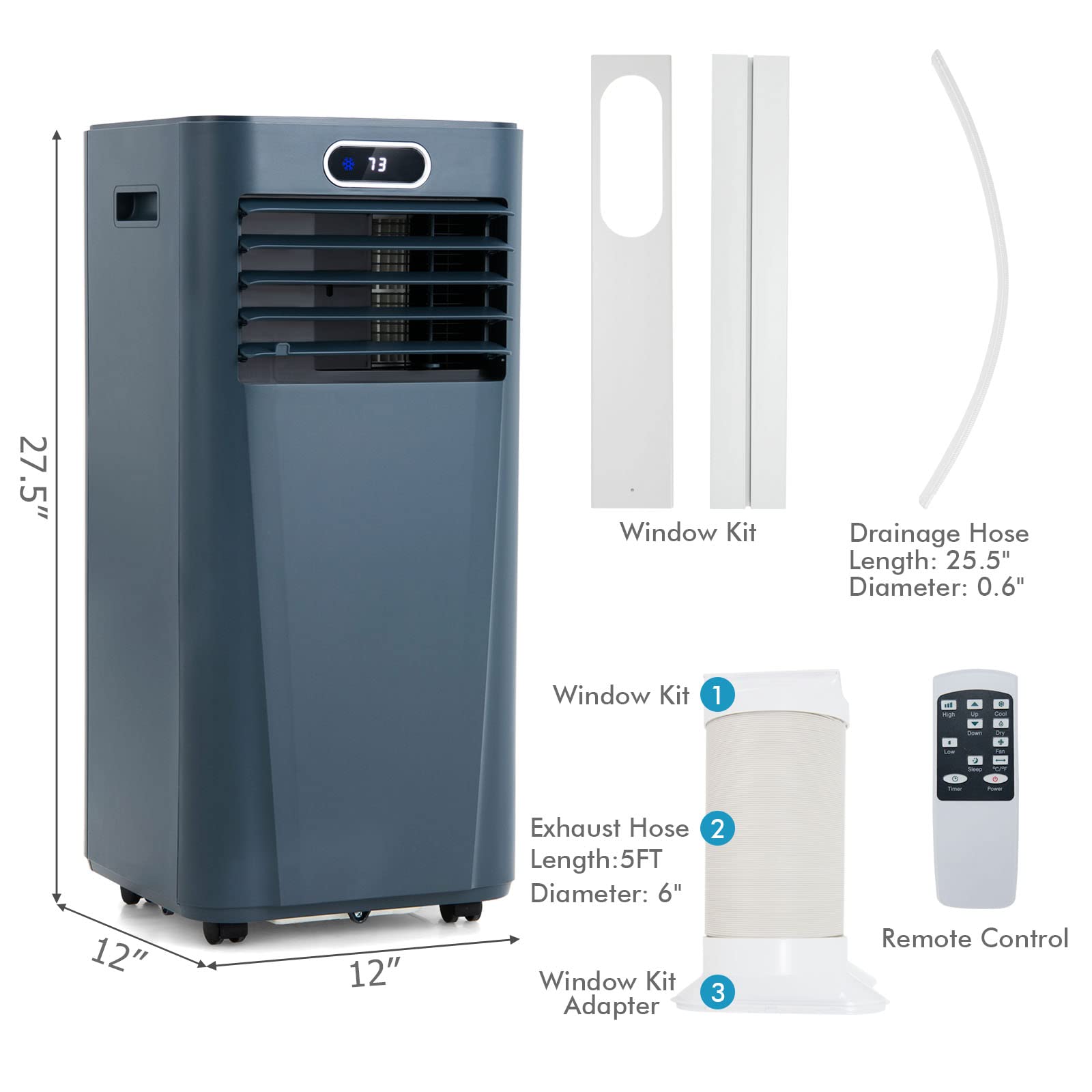 PETSITE 8000BTU Portable Air Conditioner - 3-in-1 Cooling Unit with Dehumidifier, Fan & Air Cooler Functions, Remote Control & Window Kit Included (Dark Blue) - Perfect for Bedrooms, Living Rooms & Small Offices