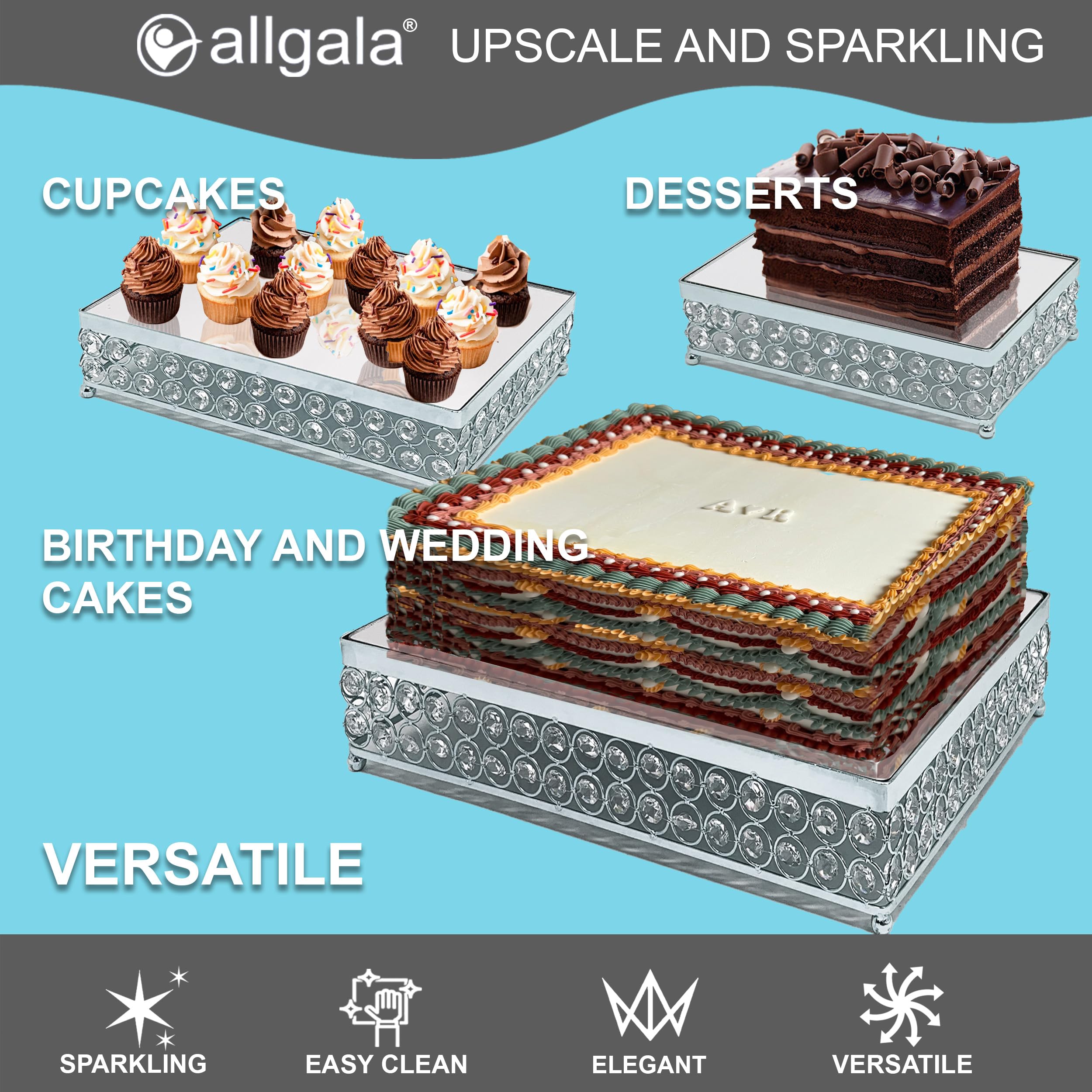 Allgala 3-Piece Crystal Silver Wedding Cake Stand Set with Mirror Plate - Elegant Dessert Display for Cupcakes, Cheese & Pastries - Perfect for Weddings, Birthday Parties & Tea Time (Silver Rectangle-HD89205)