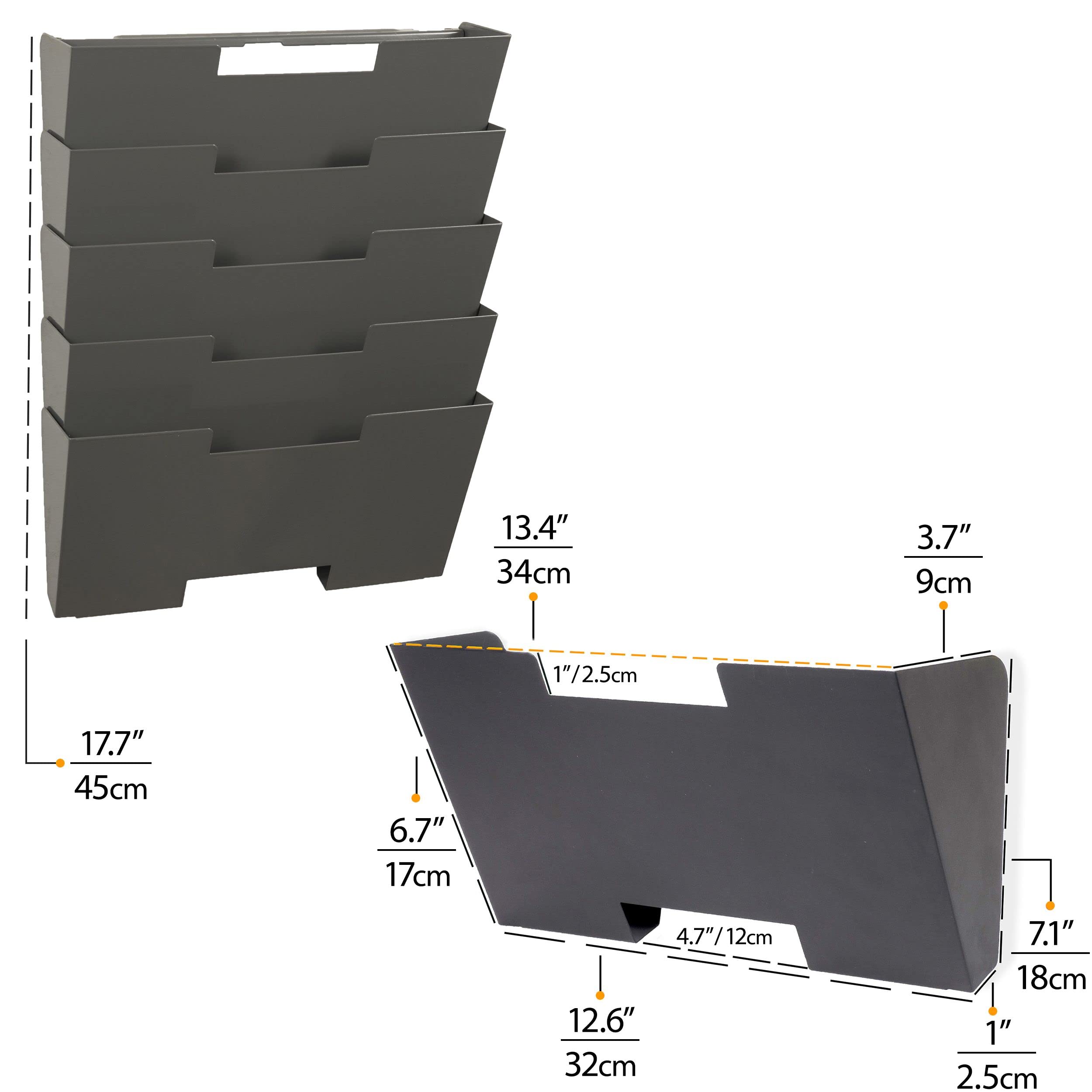 Wallniture Lisbon 5-Tier Metal Wall File Organizer - Letter Size File Holder, Magazine Rack & Office Decor in Gray - Perfect for Home Office Organization & Stylish Workspace Storage