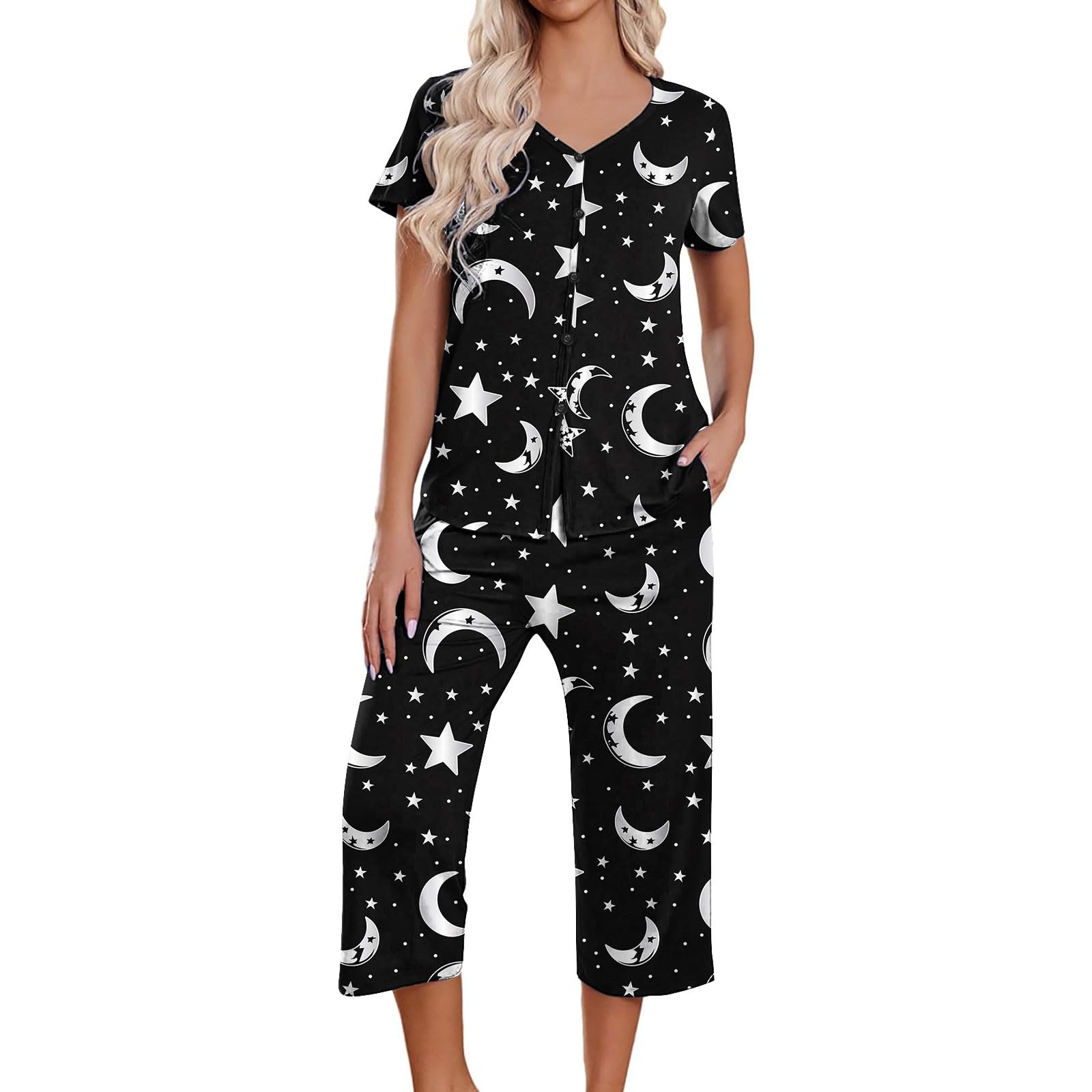 Women's Short Sleeve Pajama Set with Capri Pants - 2 Piece Comfy Button Down Sleepwear & Lounge Outfit for Nightwear, Home Relaxing, and Vacation Comfort