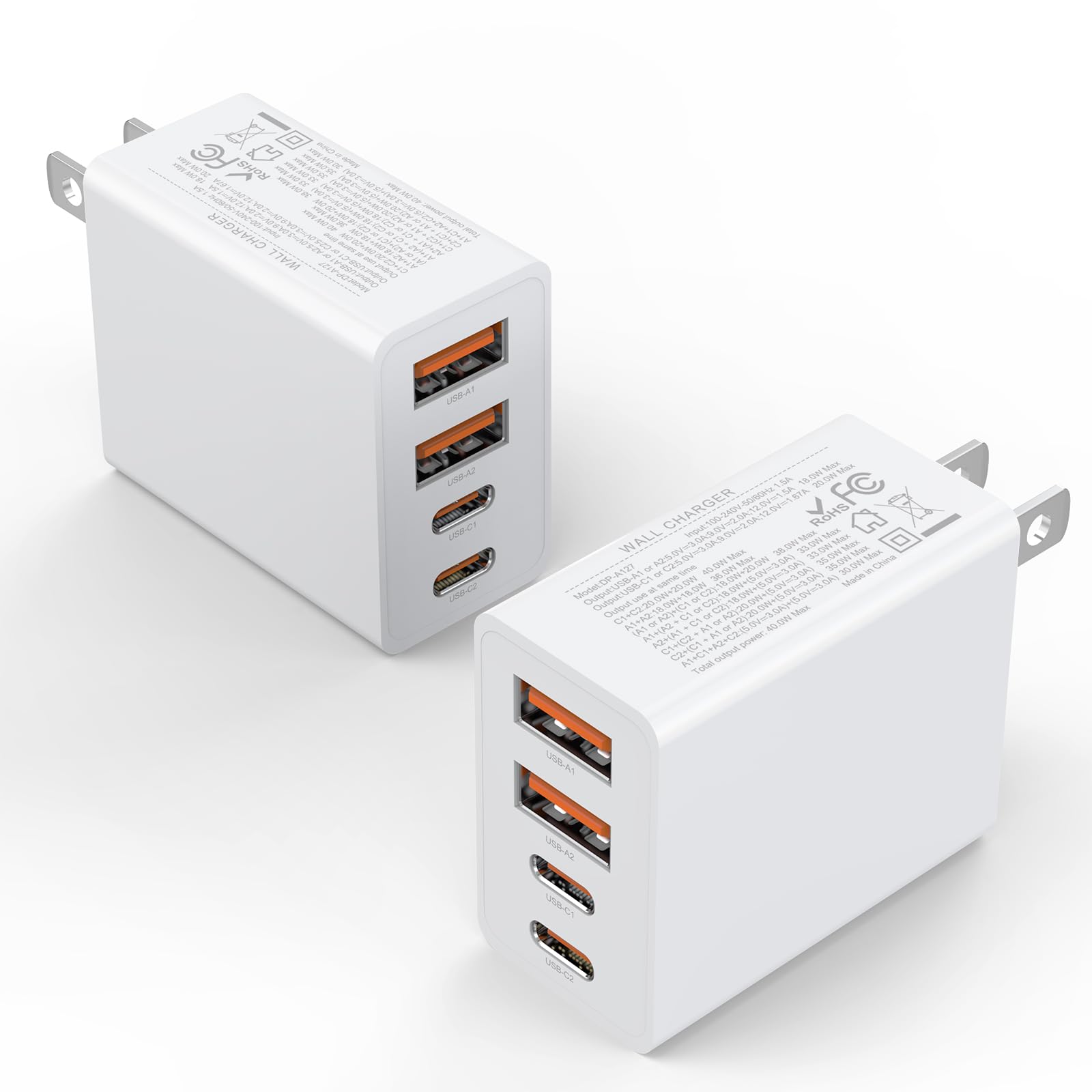2-Pack 40W Fast USB C Wall Charger with 4-Port PD & QC - Compact Multi-Port Charging Block for iPhone 16/15/14 Pro Max, iPad, Galaxy S23/S22, Tablets - White - Perfect for Home, Office & Travel Charging Needs