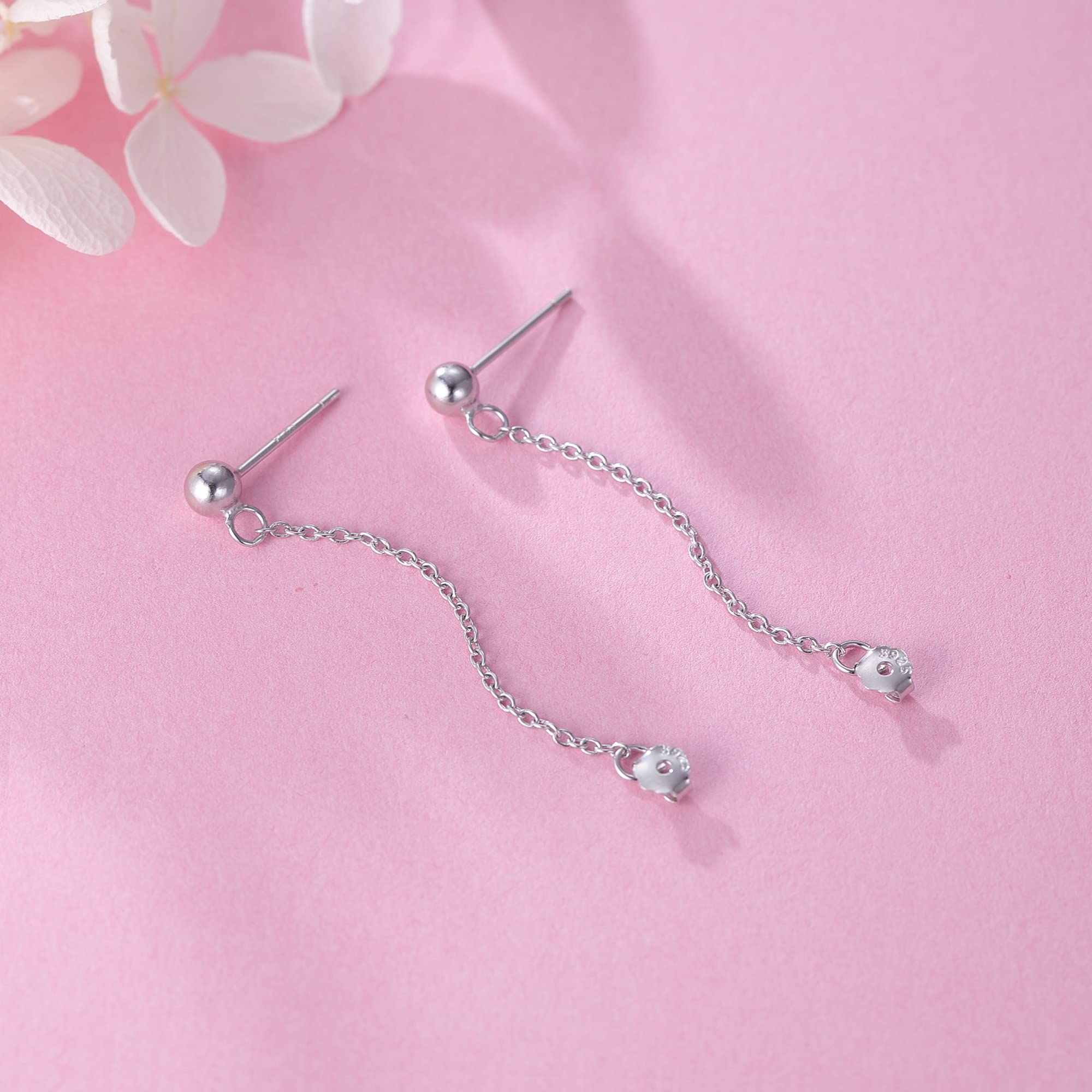 Refeer Minimalist Ball Earrings with Chain Dangle - 925 Sterling Silver Stud Earrings for Women & Teens | Elegant Everyday Wear, Party & Gift Jewelry