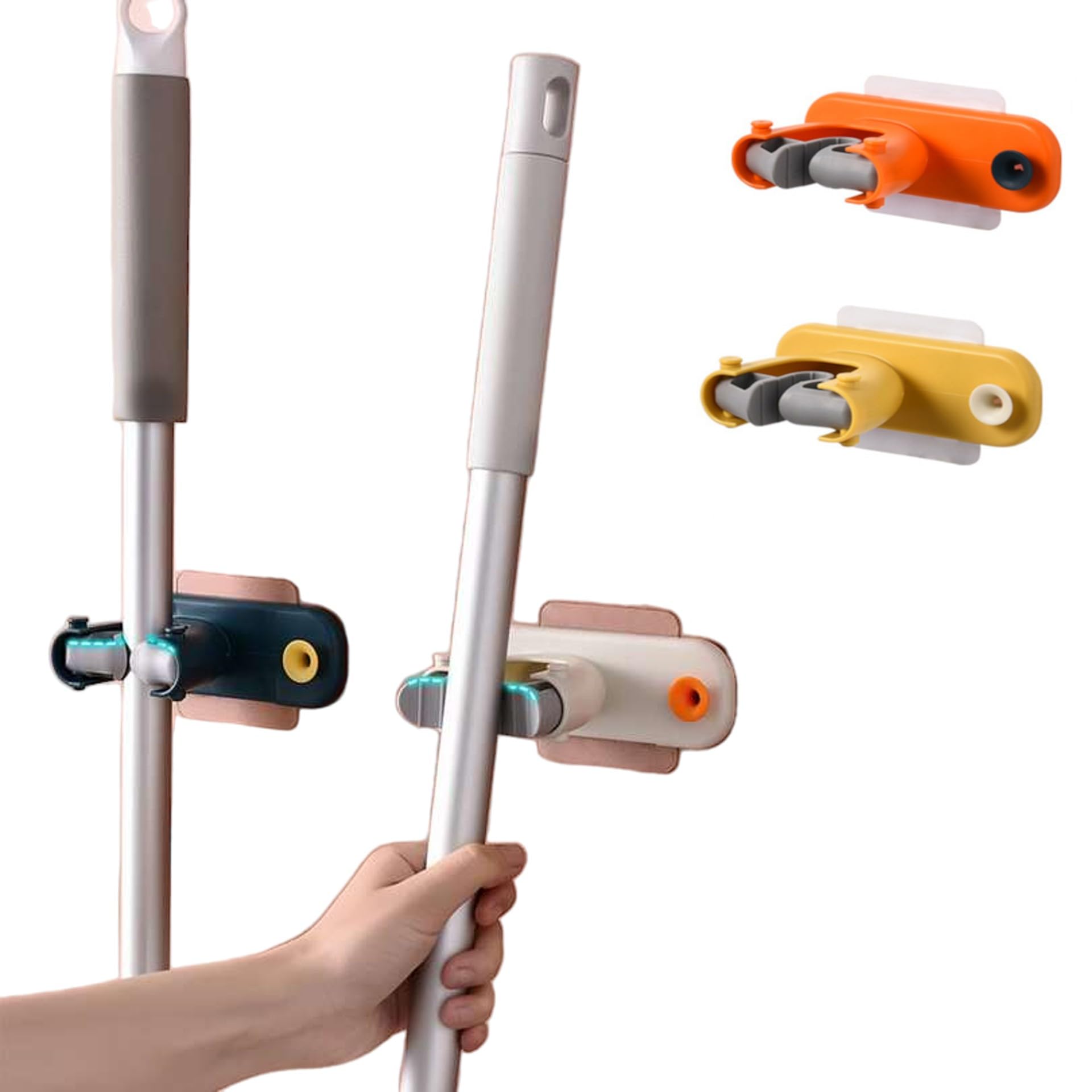 2-Pack Self-Adhesive Mop Holder Hooks - Heavy Duty No Drill Wall Mount Broom Gripper for Bathroom & Kitchen Organization (Multicolor) - Perfect for Small Space Storage & Cleaning Tool Organization
