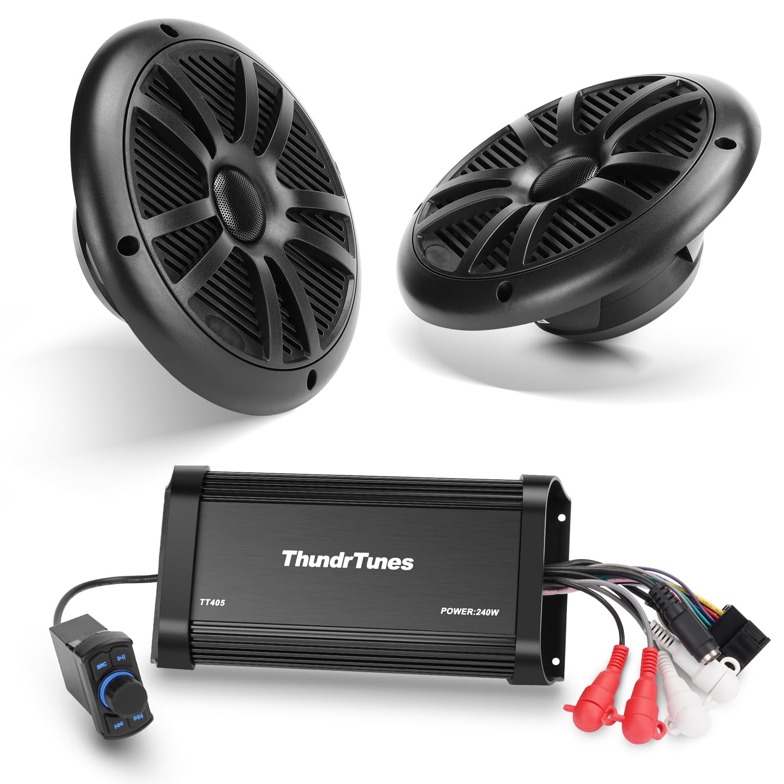 **Marine Powersport Bluetooth Amplifier Audio System - 60W x 4 CH Class D, 2 Black Speakers, Switch Mount - Perfect for Motorcycle, UTV, ATV, Boat - Enhance Your Ride with Premium Sound**
