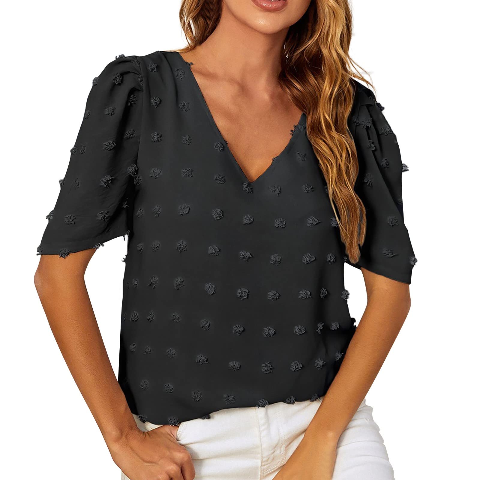 Women's Casual V-Neck Chiffon Blouse with Puff Sleeves - Elegant Short Sleeve Top for Work, Date Night & Summer Outfits